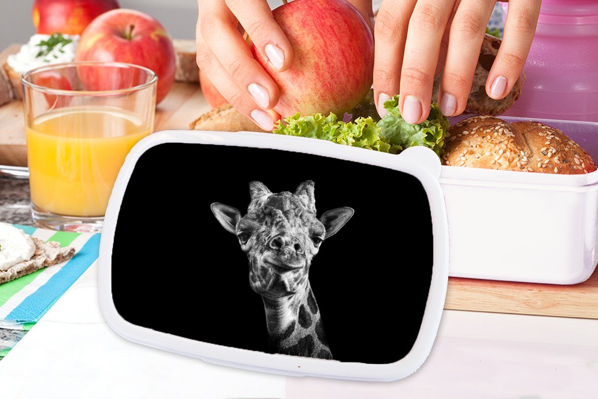 MuchoWow Lunchbox weiß, Hintergrund schwarzem Kunststoff, Brotbox und schwarz und Giraffe Mädchen für vor Kinder Erwachsene, für und Jungs in (2-tlg), Brotdose