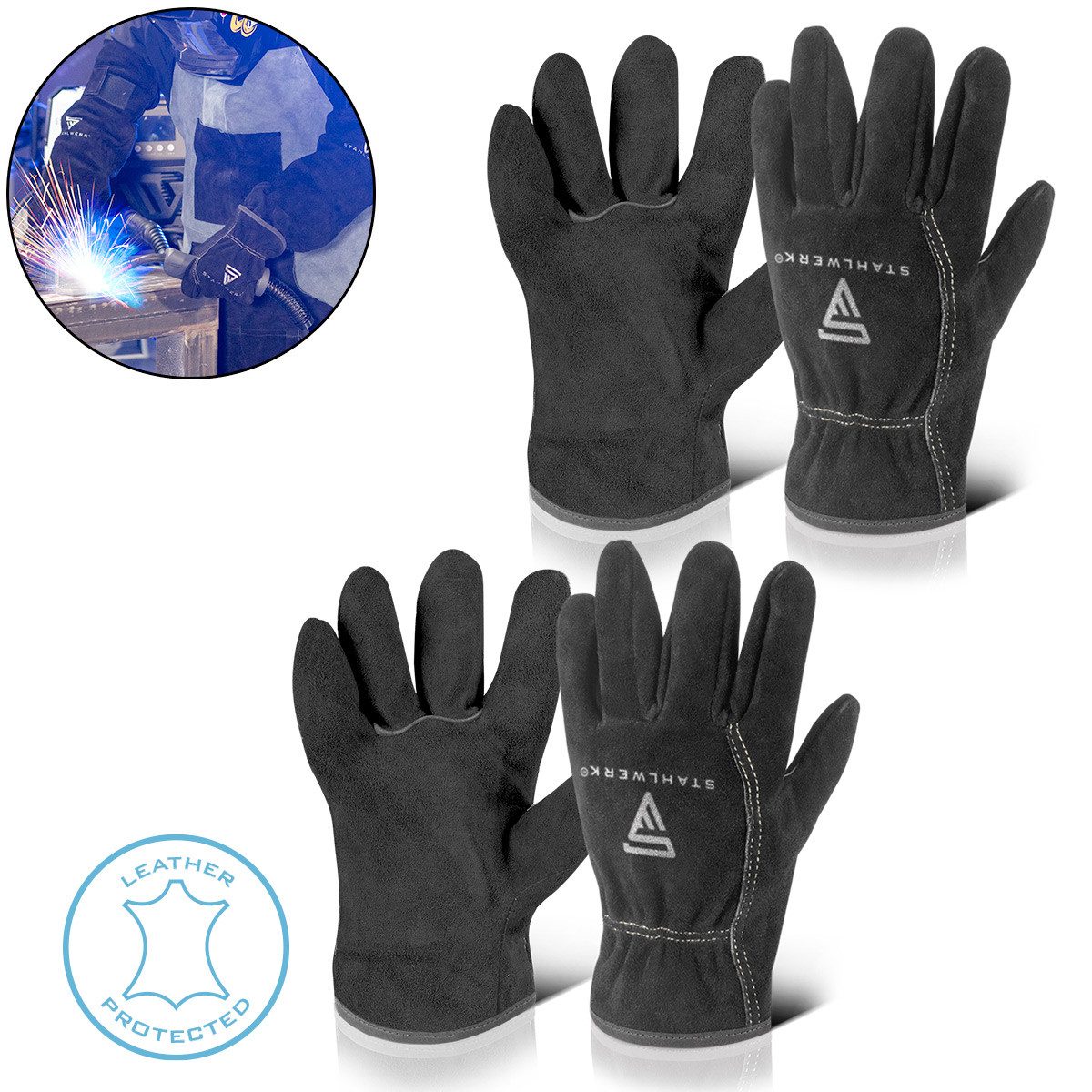 STAHLWERK Arbeitshandschuhe 2 x Schweißerhandschuhe hitzebeständig aus hochwertigem Spaltleder (Set, 2-St., Set) feuerbeständig