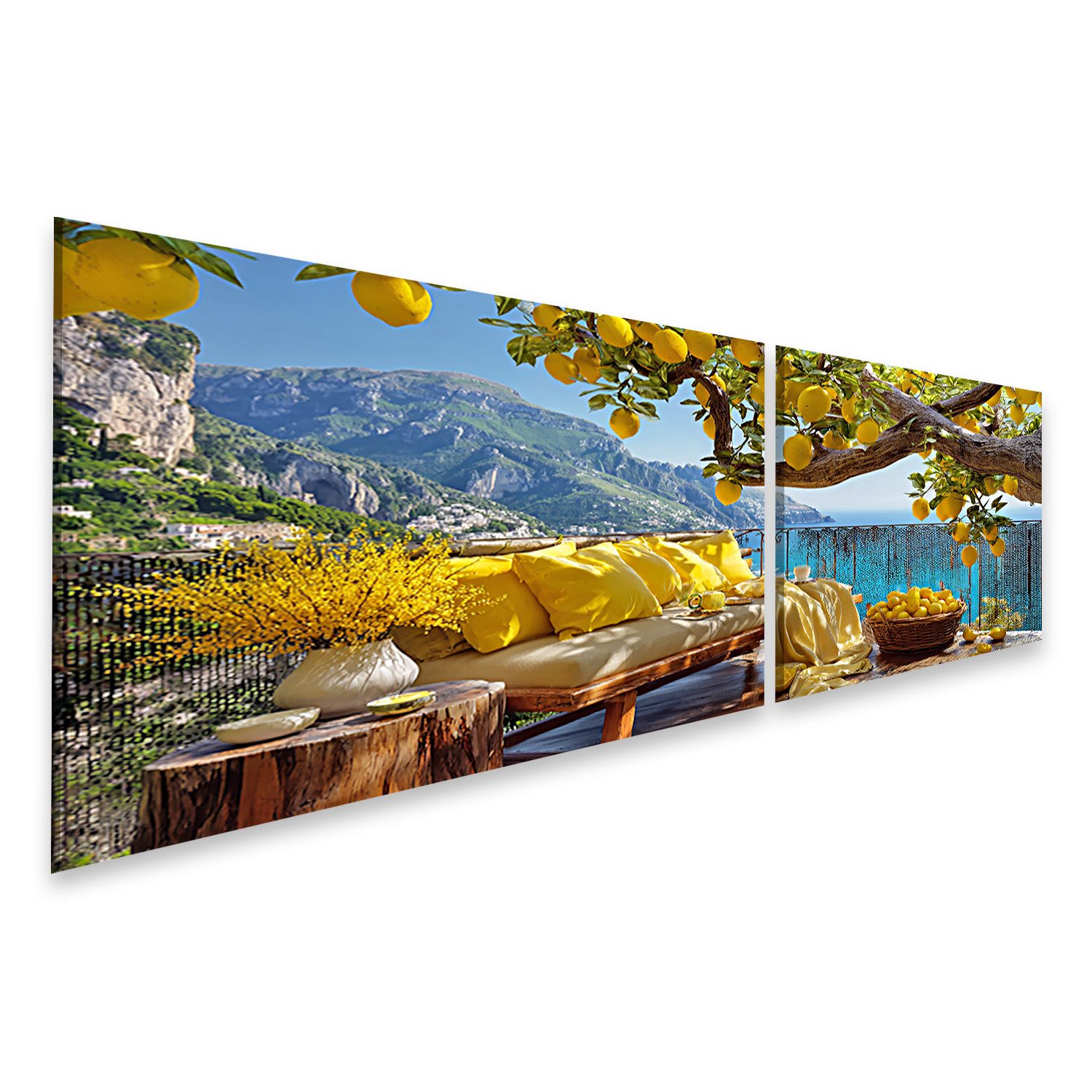 islandburner Leinwandbild Balkon mit Zitronen und Meerblick - Sommerliche Wanddekoration -