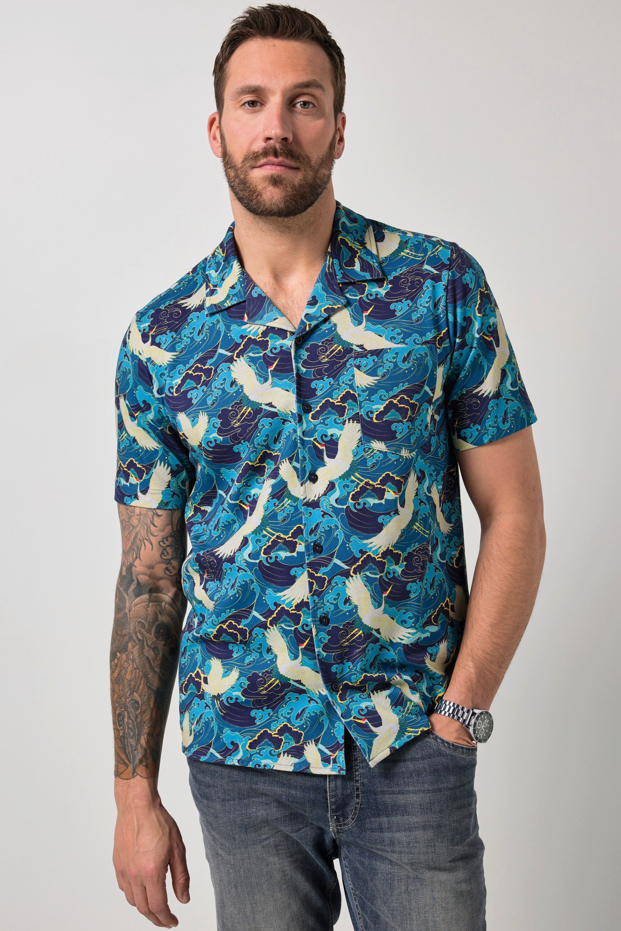 JP1880 Kurzarmhemd JP 1880 Jerseyhemd Halbarm Cuba-Kragen Cuba Fit