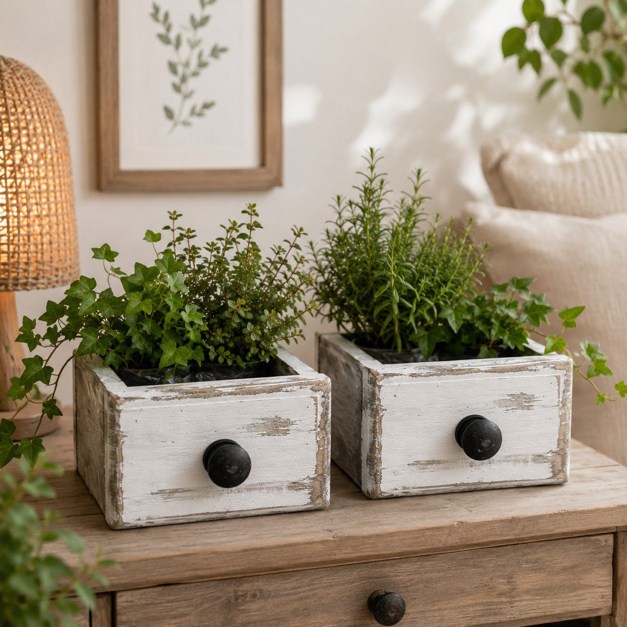 finehomegarden Blumentopf Schublade weiß Shappy Holz 2er Set Ø18x14cm H13cm Pflanzkasten (2 St), Blumenkasten Kräuter Blumen Landhaus / Paket – Bild 2 von 2
