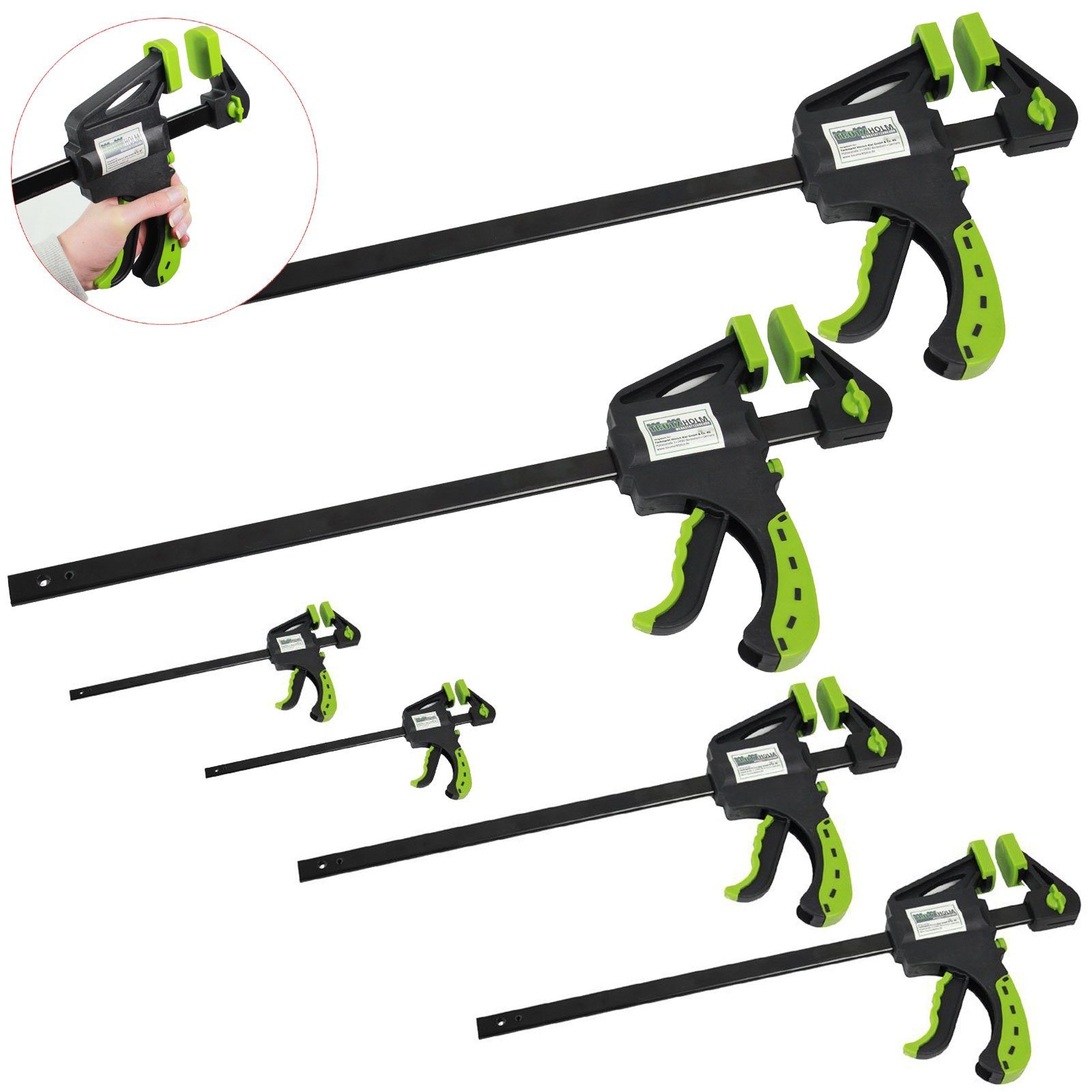 TRUTZHOLM Schraubzwinge 6x Einhandzwinge 3 Größen Schnellspannzwinge 35x105 mm 60x150 mm 60x30, (Set, 6 St), hohe Kraftübertragung