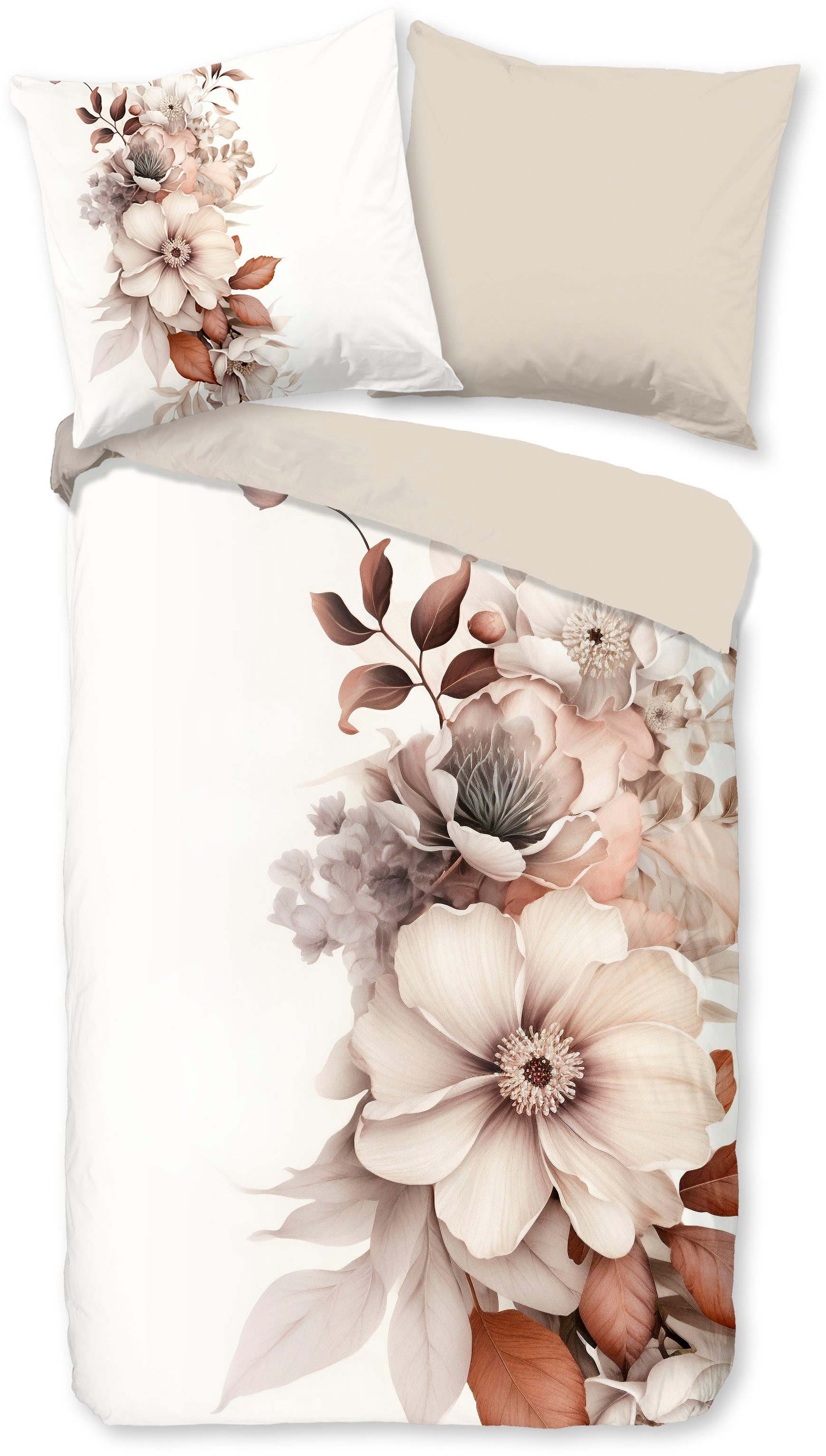 good morning Wendebettwäsche Vester, Renforcé, 2 teilig, 100% Baumwolle, Renforcé, Reißverschluss, Wendeoptik, Blumen, cream
