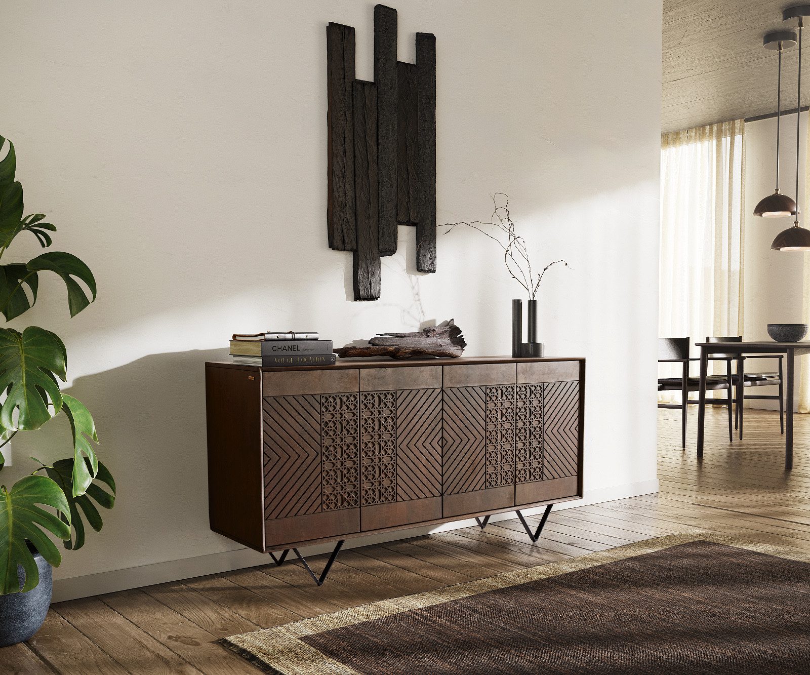 DELIFE Sideboard Manjula, Mango Braun 145 cm 4 Türen V-Fuß Metall Schwarz Sideboard