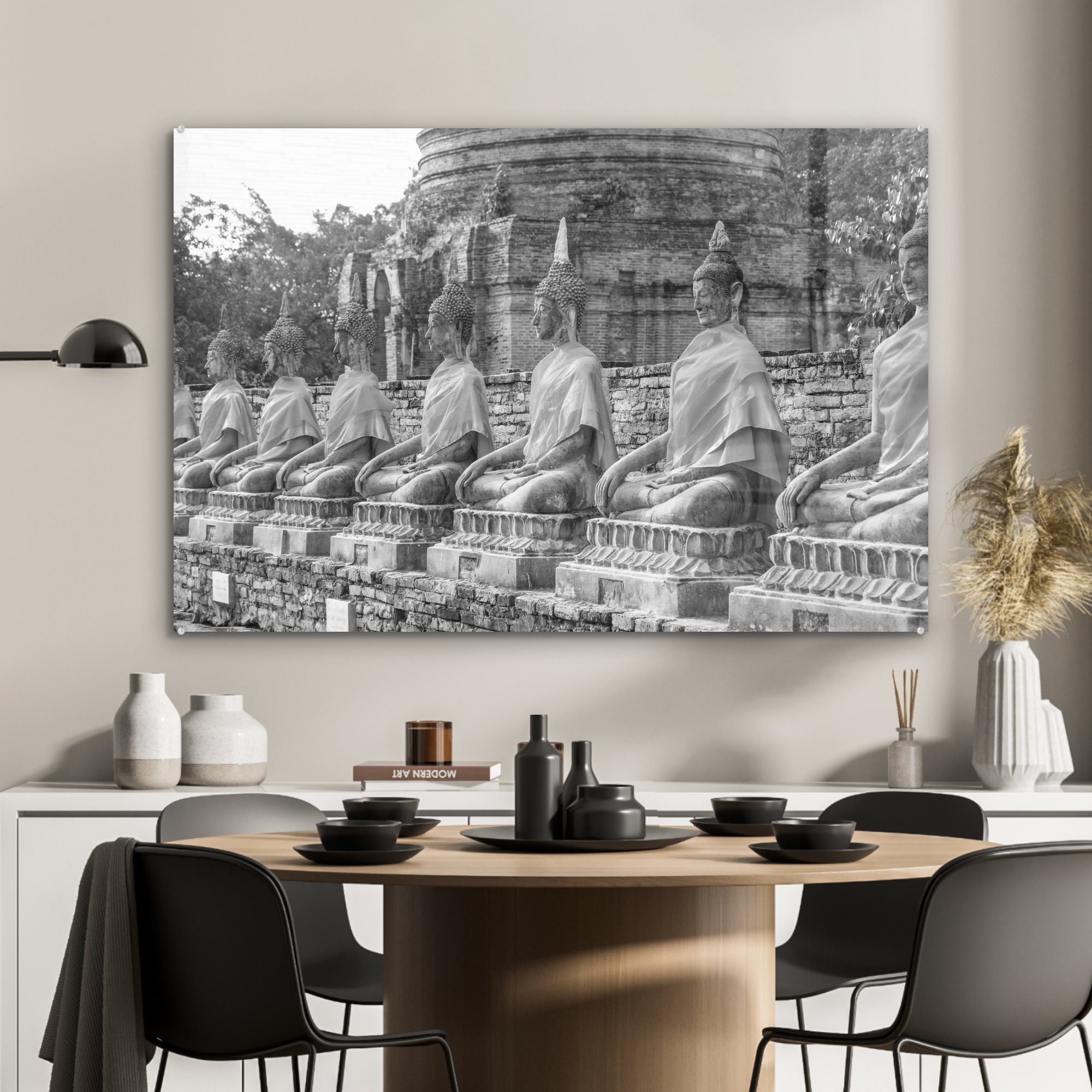 MuchoWow Acrylglasbild Buddhas im Wohnzimmer Thailand Wat Chaiwatthanaram-Tempel - Weiß, Schwarz (1 St), Acrylglasbilder Schlafzimmer und in &