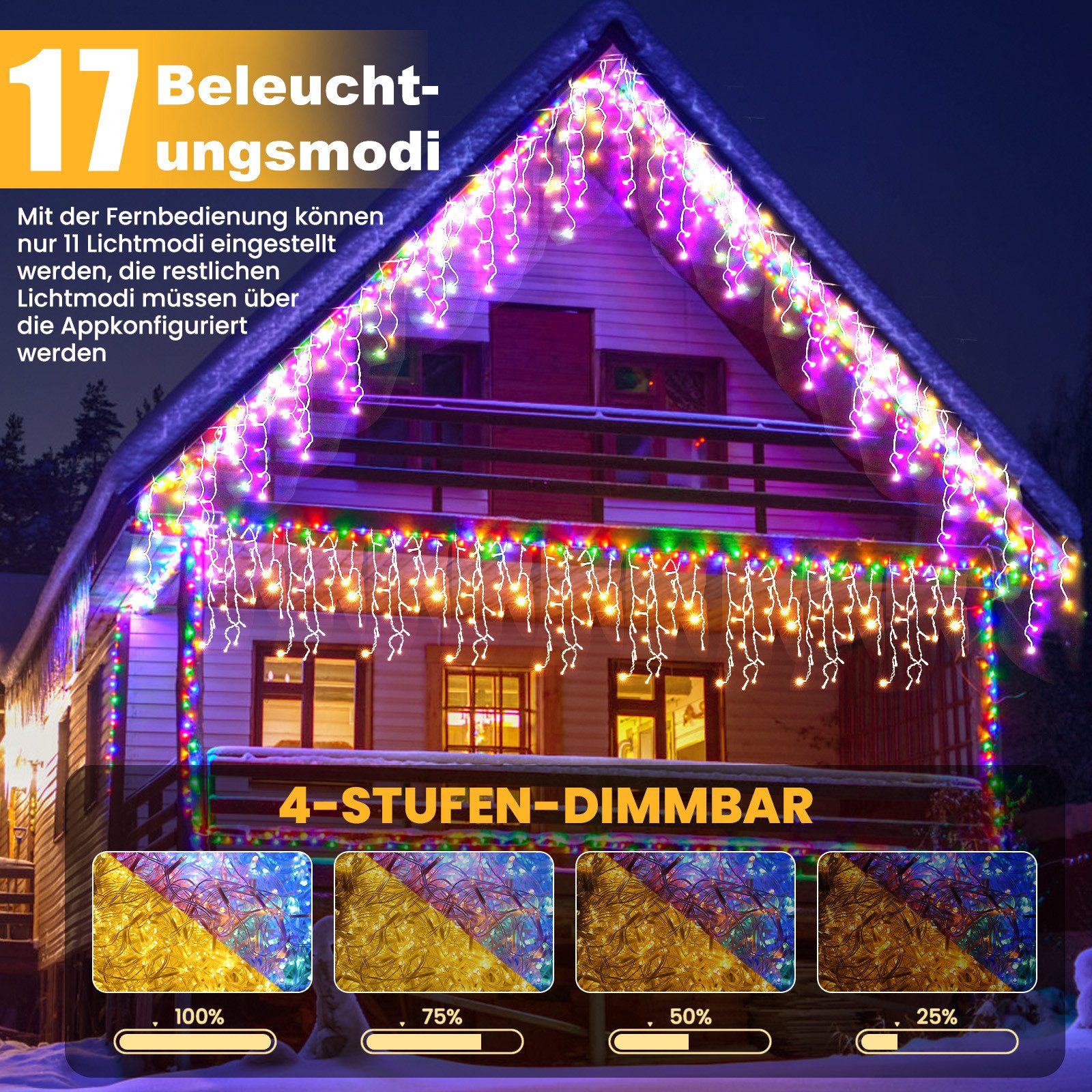 Circlio LED-Lichtervorhang 5-45m LED Eiszapfen-Lichterkette Außen mit App, Timer & Fernbedienung, 17 Modi, Musikmodus, Timer, IP65, Warmweiß/Kaltweiß/Bunt – Bild 2 von 5