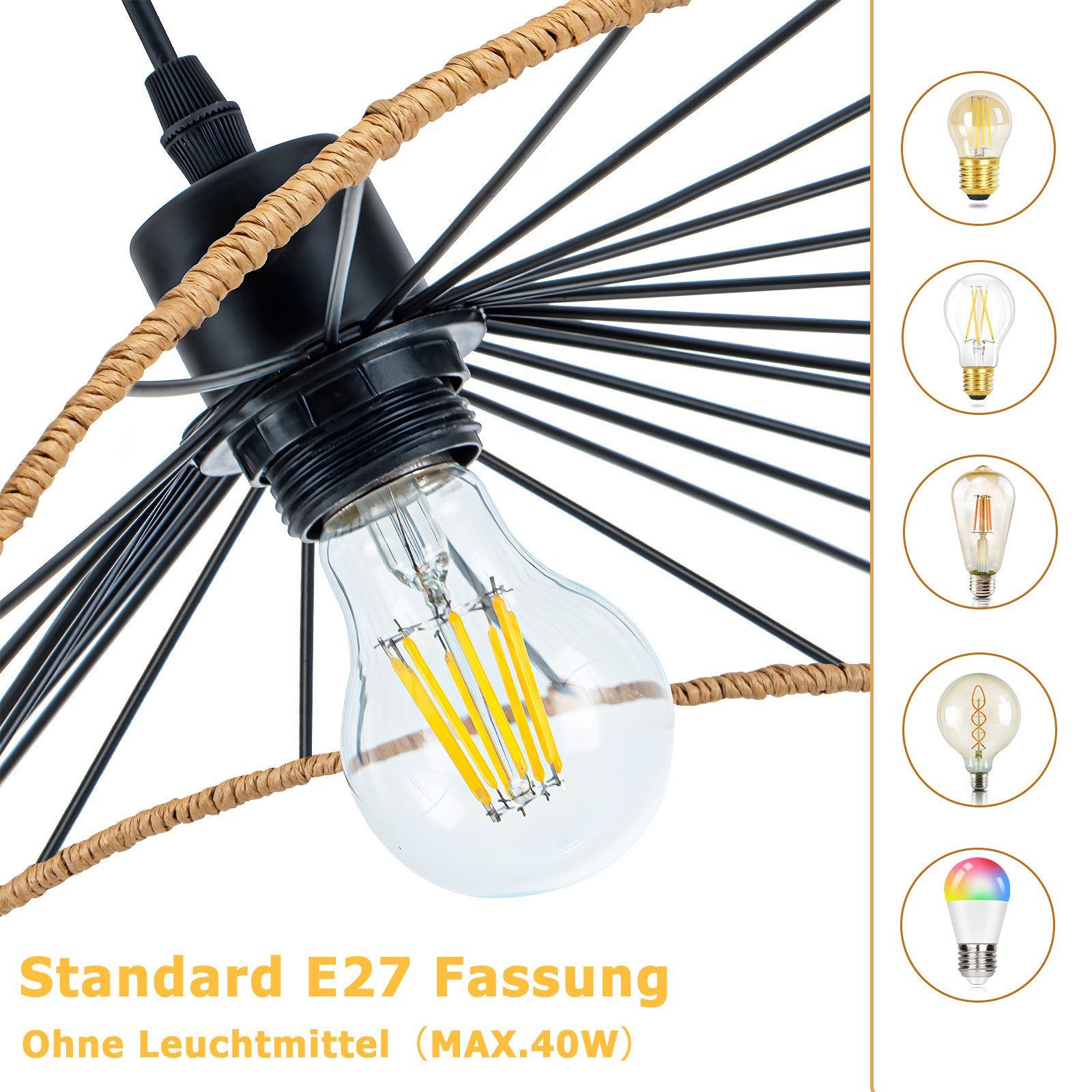 Nettlife Pendelleuchte Vintage Schwarz Esstisch E27 Hängelampe 60/80/100/120/140CM, LED wechselbar, Pendellampe für Wohnzimmer Schlafzimmer Korridor Esszimmer – Bild 4 von 5
