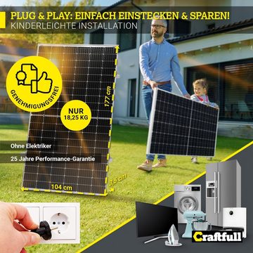 Craftfull Solaranlage Balkonkraftwerk BK720 - 10 J. Produktgarantie, 720,00 W, Monokristalline PERC-Halbzellen, (25 Jahre Performance-Garantie, Plug&Play, Leistungsüberwachung via SOLARMAN Smart App, MPPT, NA-Schutz, bis zu 850 kWh pro Jahr, 3-St., 600 Watt Wechselrichter, 720 Watt Solarmodule, Witterungsbeständig), Solarpanel Stromerzeuger Solaranlage Solarzelle