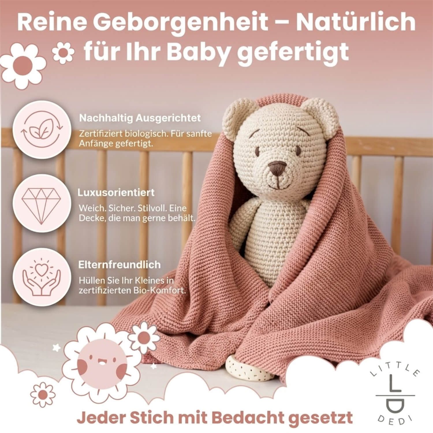 Babydecke Baby Strickdecke, %100 Bio Baumwolle, Atmungsaktiv, 80x100cm, Rosa, Little Dedi – Bild 2 von 5