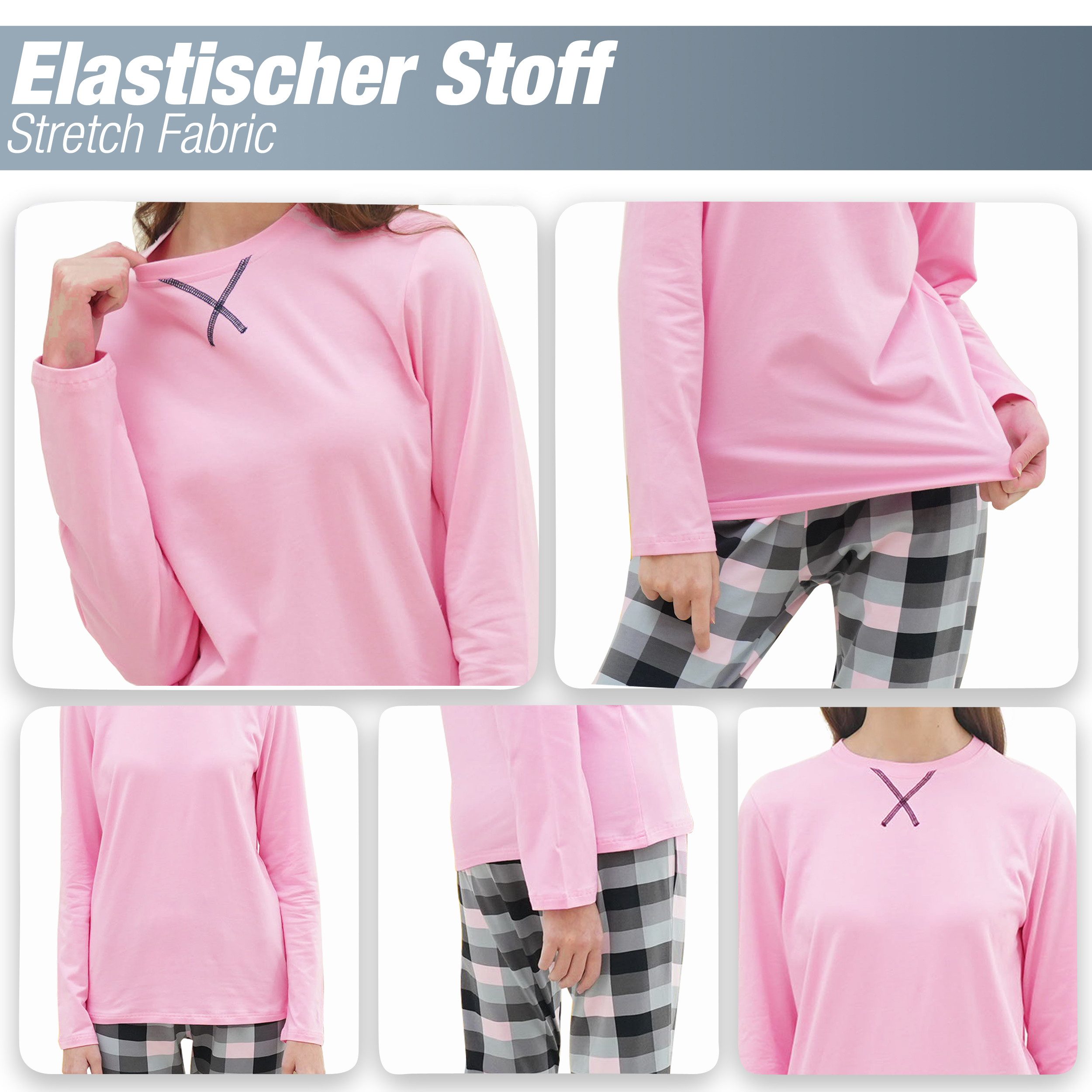 LOREZA Pyjama Mädchen Schlafanzug zweiteilig Set Langarm - Basic Kariert (Set, 2 tlg)