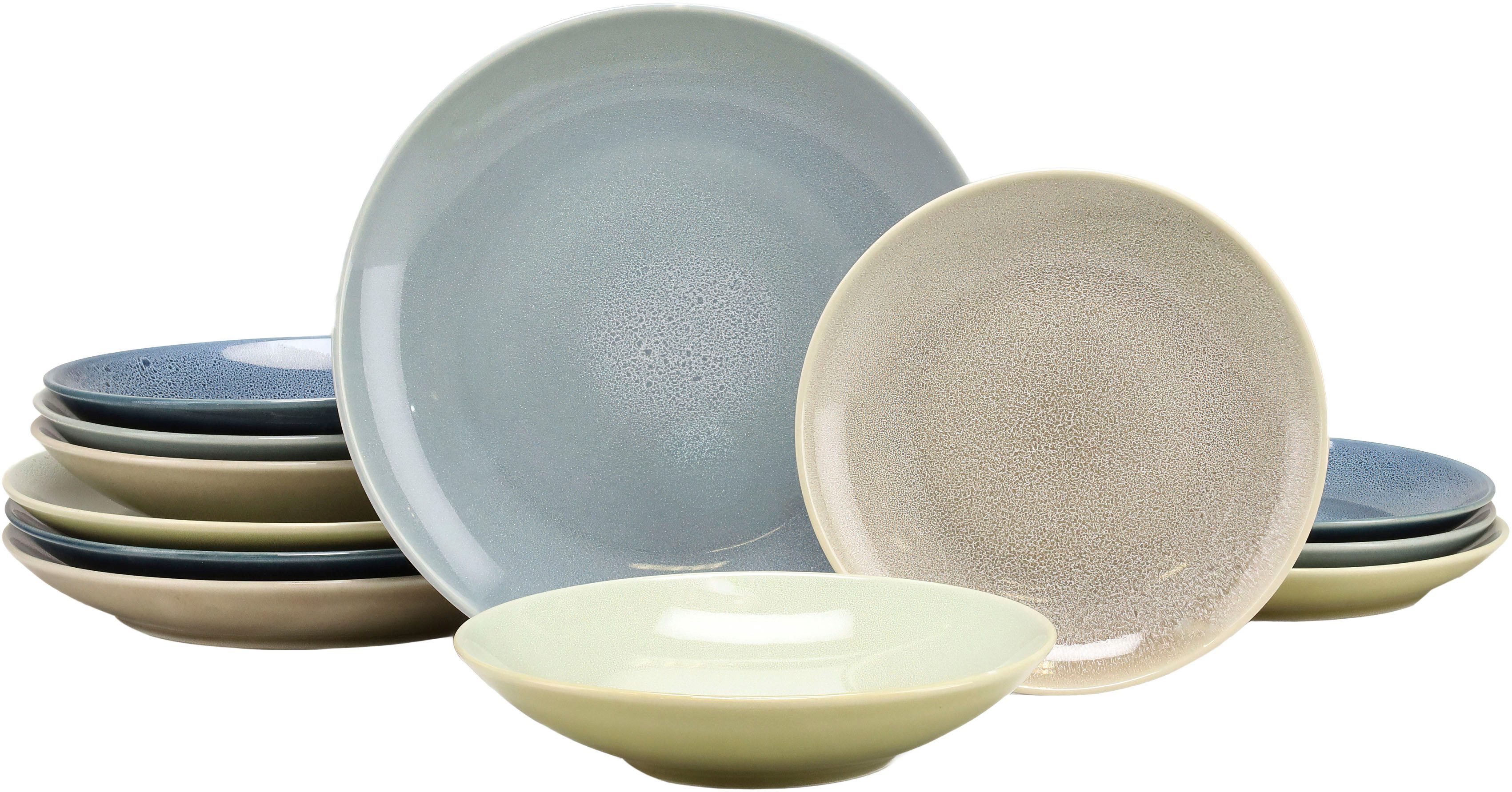 CreaTable Teller-Set Geschirr-Set Reactive (12-tlg), 4 Personen, Steinzeug, Teller Set, Service, jedes Stück ein Unikat, 12 Teile, für 4 Personen