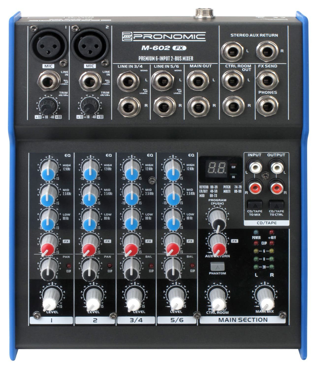 Pronomic Mischpult M-602FX Live/Studio 6-Kanal DJ-Mixer, mit digitalem 24bit Multieffektprozessor