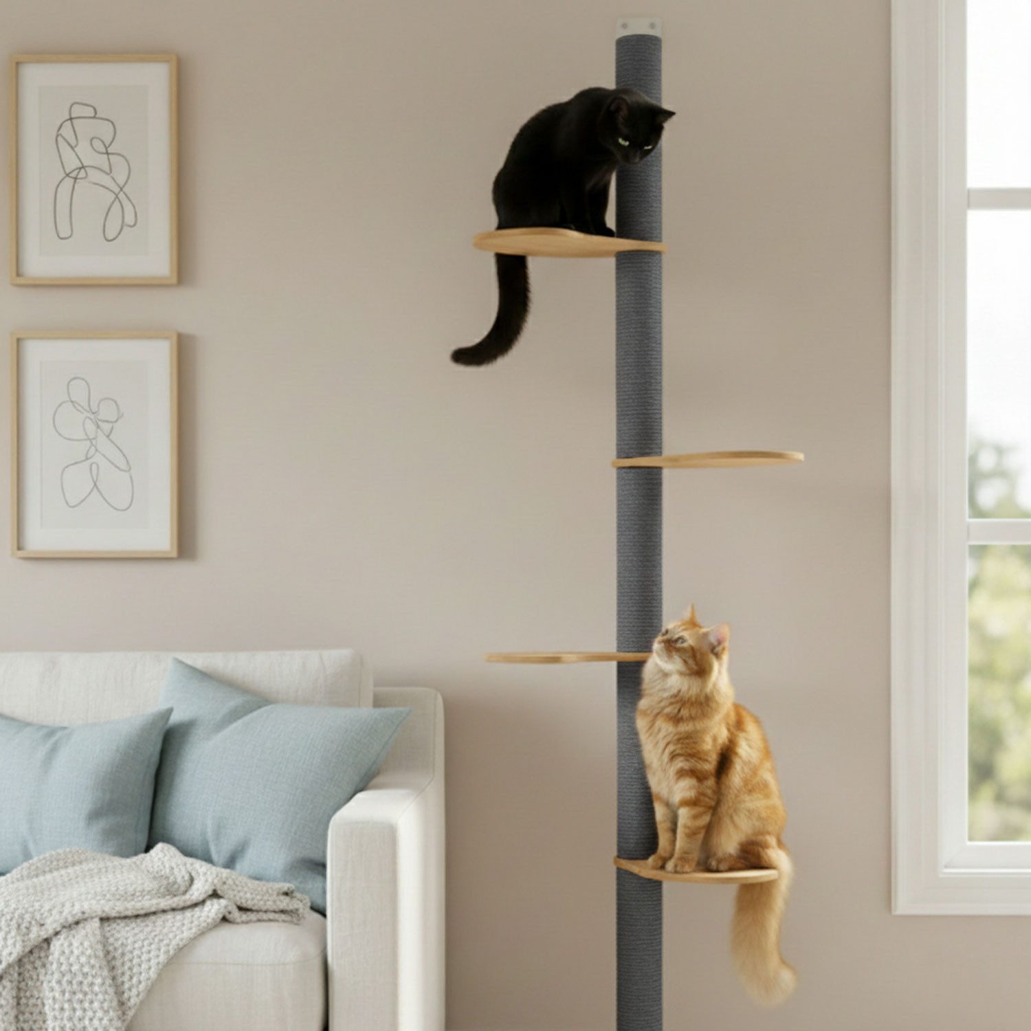 eyepower Kratzbaum zur Wandmontage - 205cm Wandkratzbaum für Katzen mit 4 Bambus Plateaus, Sisalstamm Wand - Katzenkratzbaum platzsparend - Kletterwand Katze