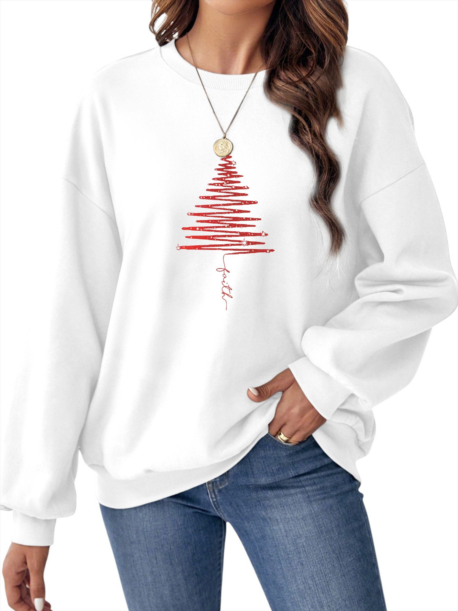 PYLIKE Fleecepullover Damen Rundhal Weihnachten Sweatshirt mit Weihnachtsba günstig online kaufen