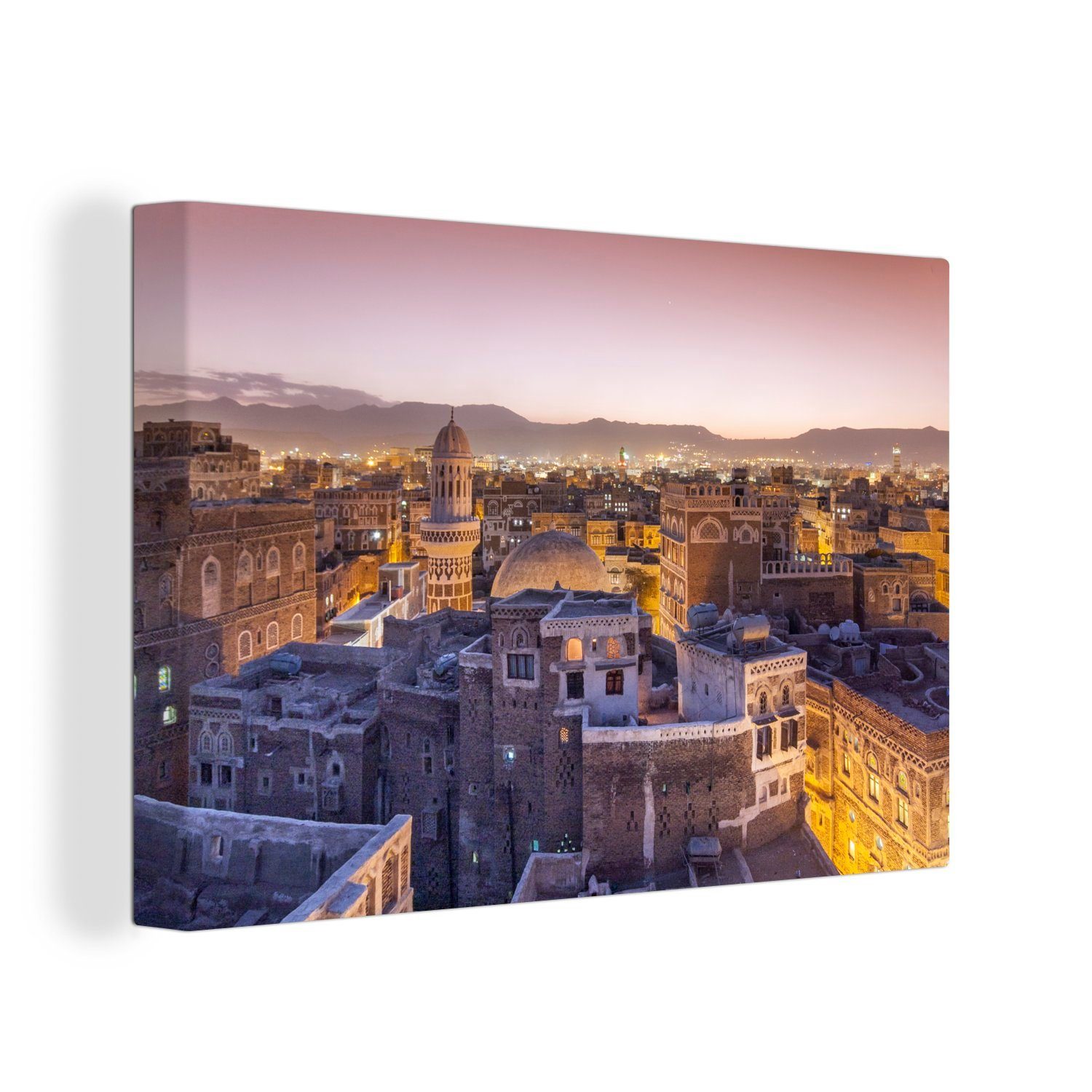 OneMillionCanvasses® Leinwandbild Straßenszene in Sanaa und Berge im Jemen, (1 St), Wandbild Leinwandbilder, Aufhängefertig, Wanddeko, 30x20 cm