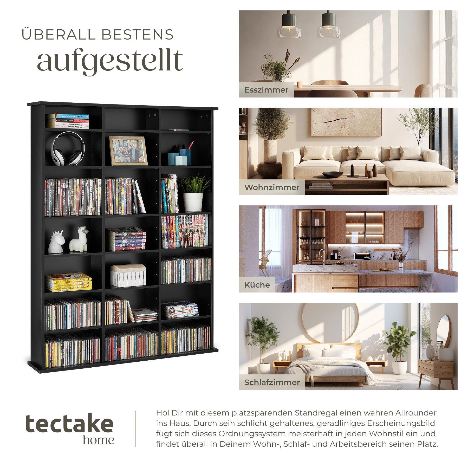 tectake CD-Regal Medienregal Stevie in Holzoptik 105,5x19x136,5cm, Sammlerset 1-tlg., höhenverstellbare und herausnehmbare Zwischenböden – Bild 5 von 5