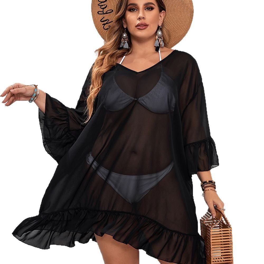 Strandkleid Damen-Bikini-Kleid, Übergröße, lockere Rüschenbesatz Saum