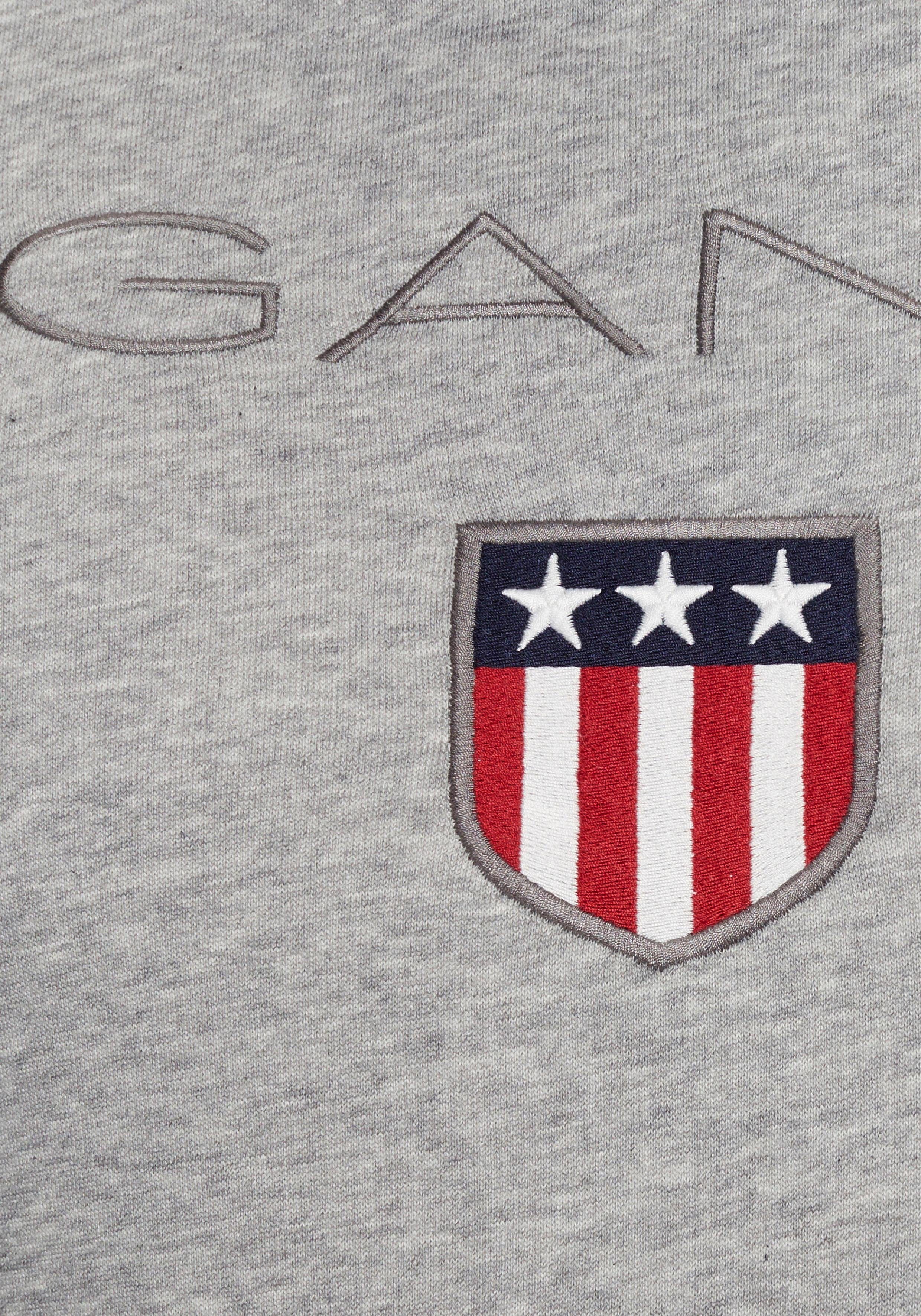 Gant Kapuzensweatshirt Shield Gant-Stickerei plakative grey Sweat Hoodie melange