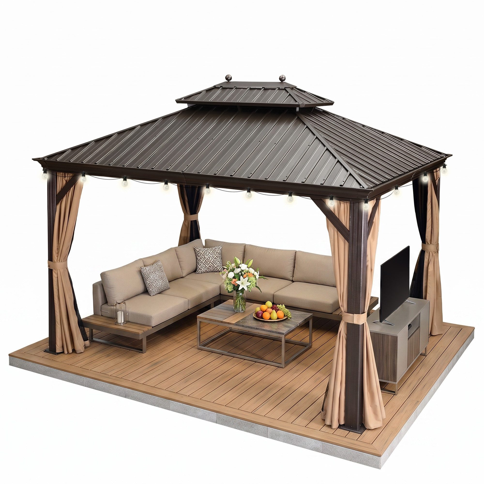 PURPLE LEAF Pavillon Hardtop Alu Gartenpavillon mit Seitenteilen und LED-Beleuchtung, (1 Pavillon + LED-Licht, Vorhängen und Moskitonetz), Wasserdicht, UV-beständig, Privatsphärenschutz
