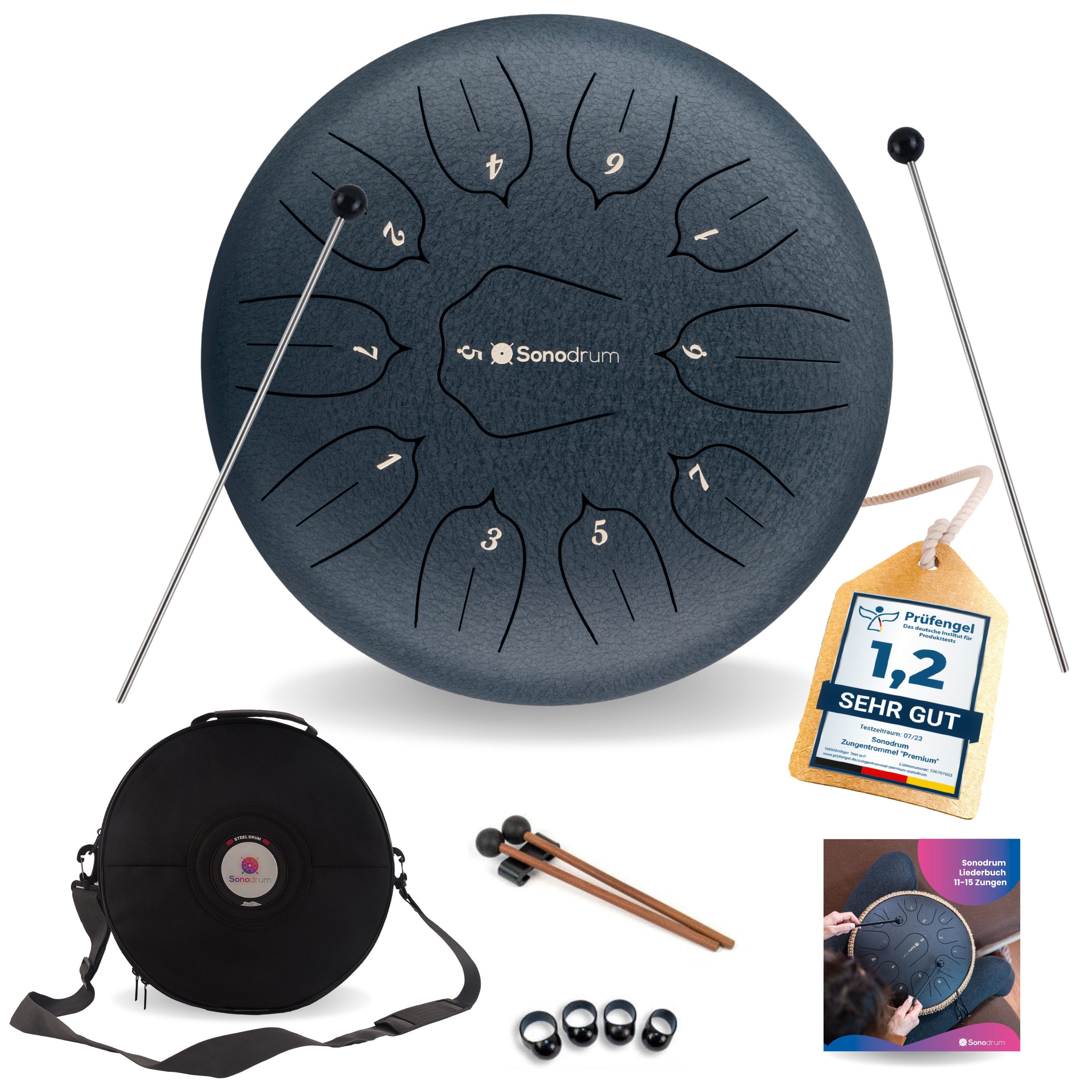 Sonodrum Steel Tongue Drum "Standard", D-Dur, 30 cm, 11 Zungen inkl. Liederbuch und Tragetasche