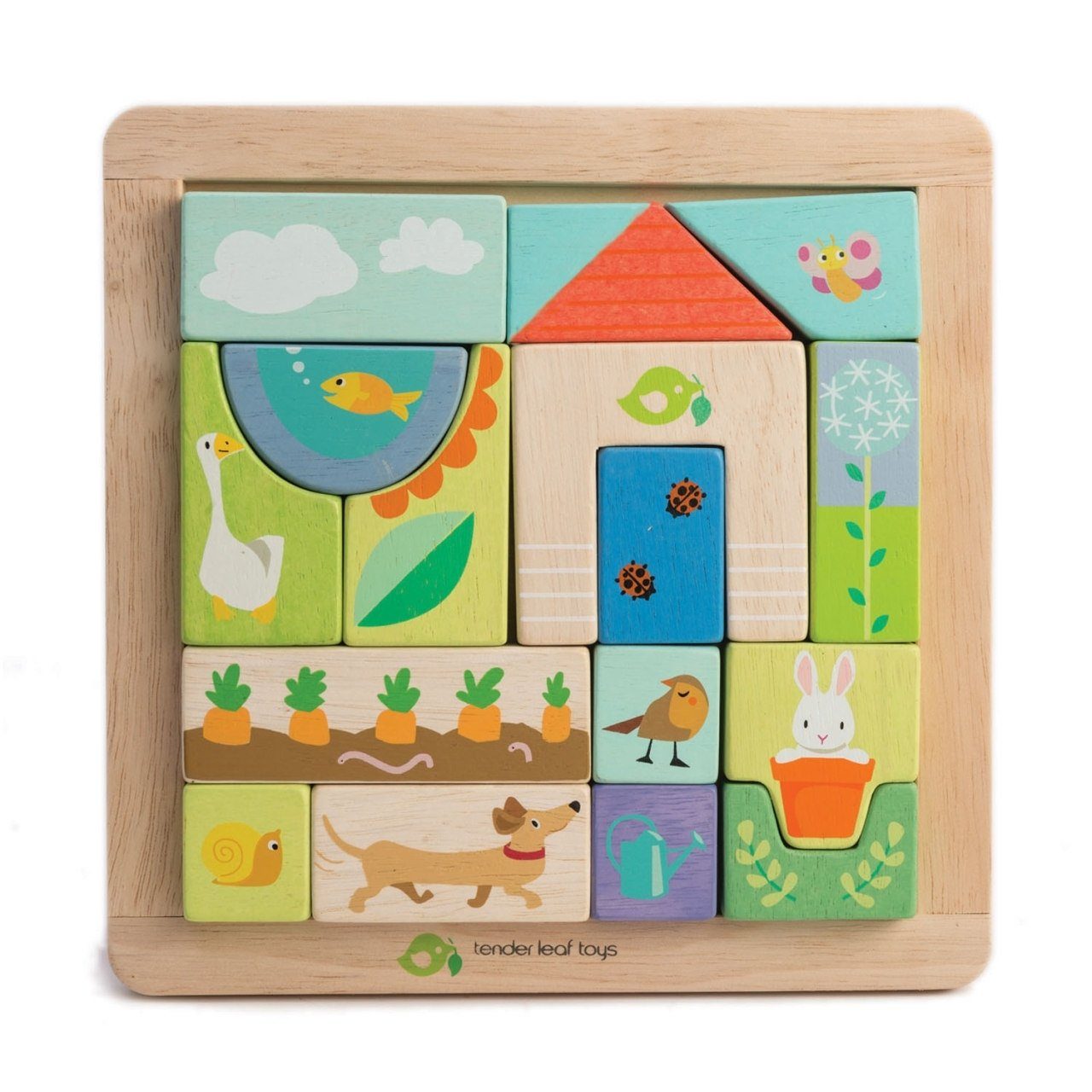 Tender Leaf Toys Puzzle Holzpuzzle Garten 16 Teile Stapelsteine Bauklötze, 16 Puzzleteile