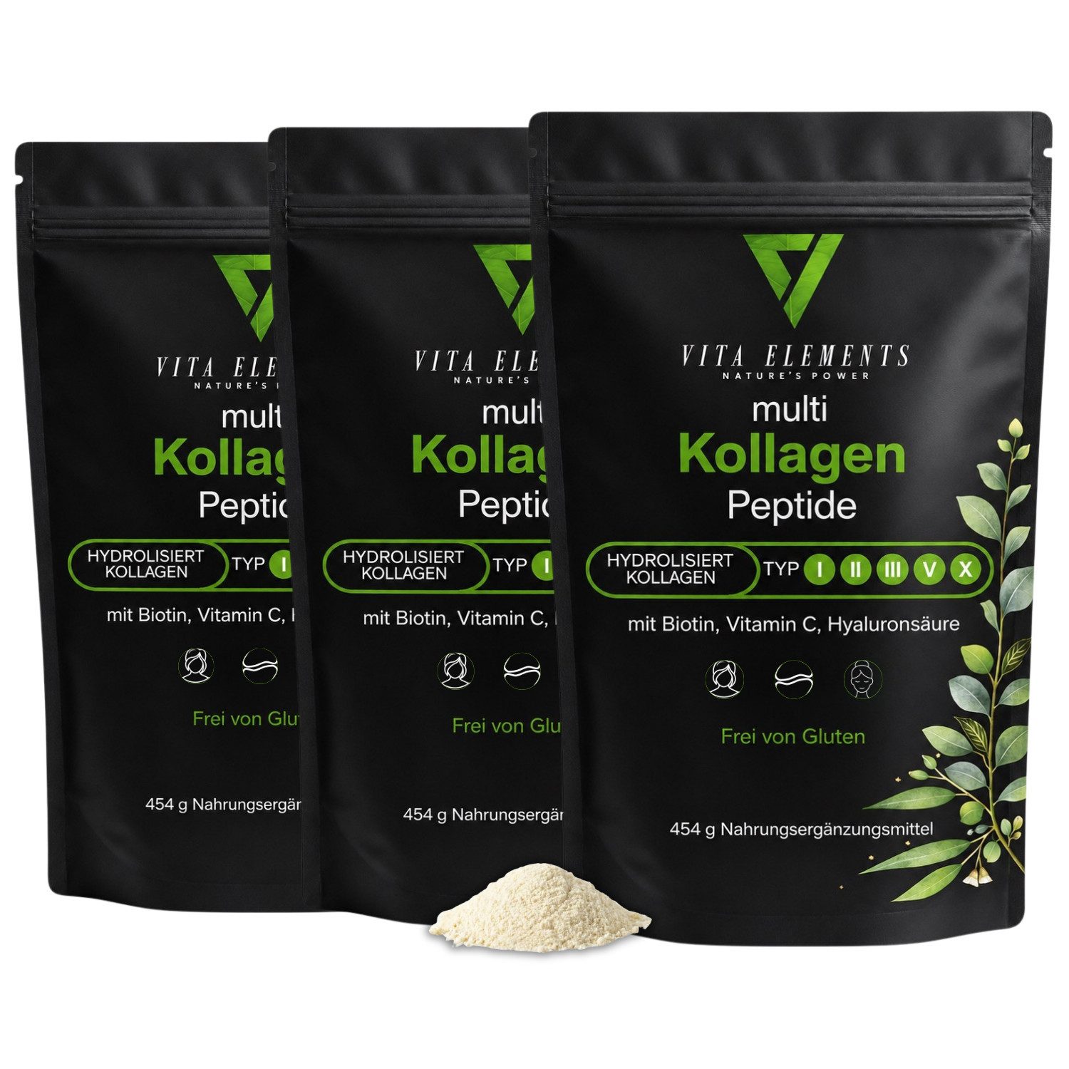 Vita Elements Kollagen Peptide Typ I, II, III, V, X Pulver, 3 er Spar-Set à 454 g, Mit Biotin, Vitamin C, Hyaluronsäure, Frei von Gluten Laborgeprüft