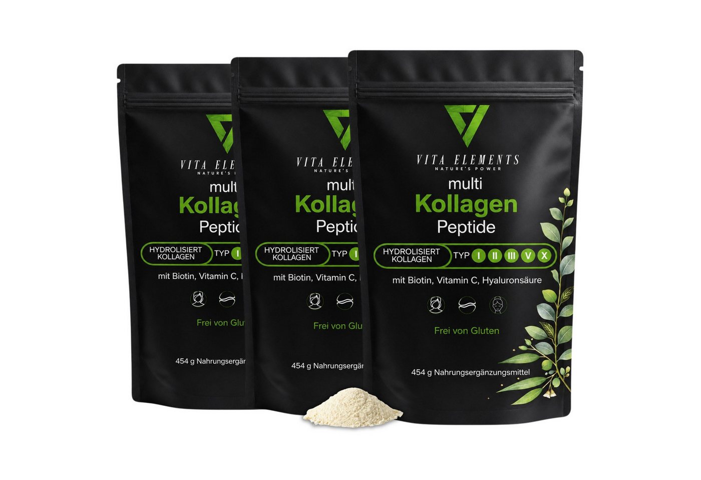 Vita Elements Kollagen Peptide Typ I, II, III, V, X mit Hyaluronsäure im Komplex Pulver, 3 er Spar-Set à 454 g, Geschmacksneutral, Hochdosiert, Ohne unnötige Zusätze, Laborgeprüft