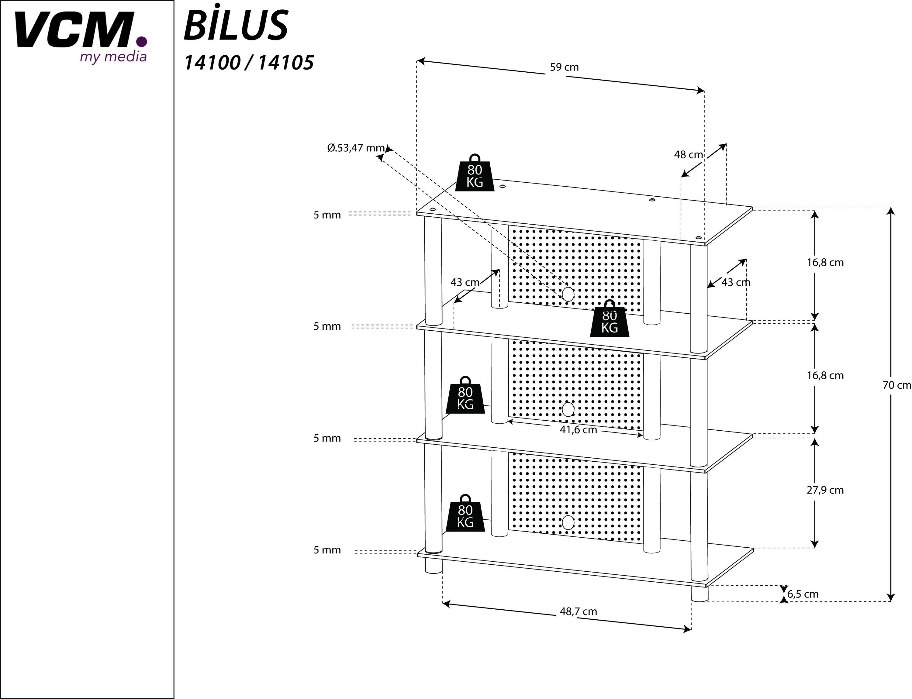 Möbel VCM Rack Alu Phono Klarglas Bilus Hifi TV-Rack Mediaregal Glas