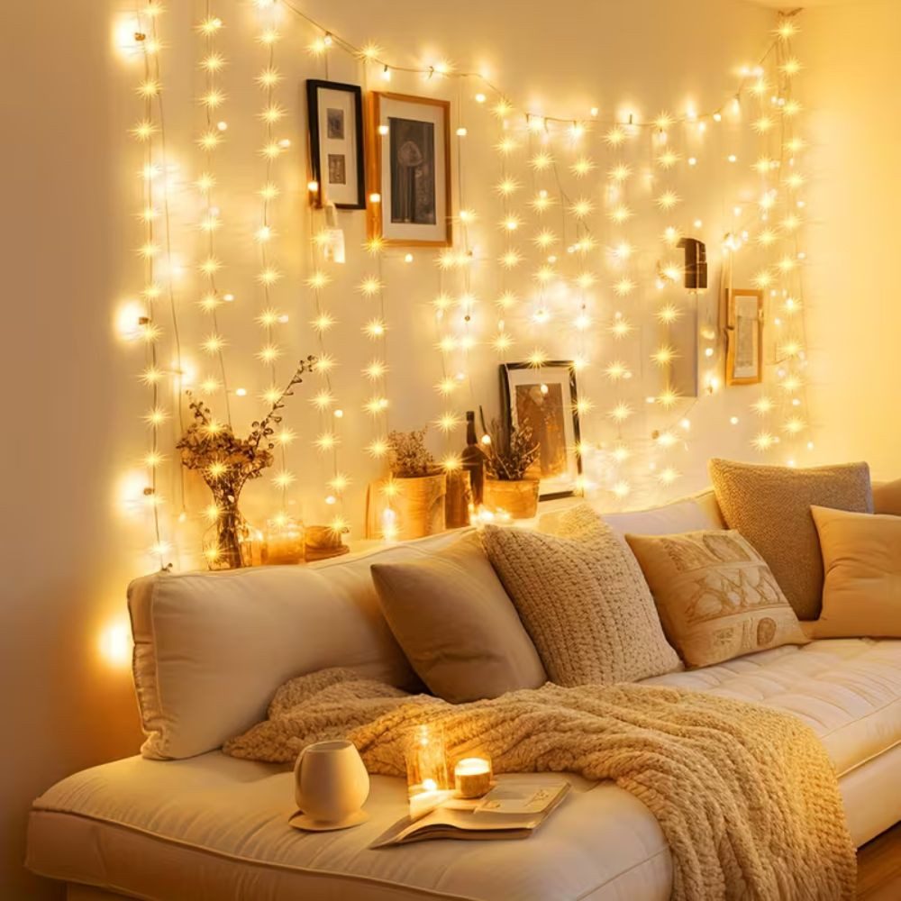 Wrischan Lichterkette Lichtervorhang 3x3m Warmweiß USB Lichterkette Vorhang Fenster 300 LED, 8 Beleuchtungsmodi, Fernbedienung, USBbetrieben, Warmweiß, langlebig