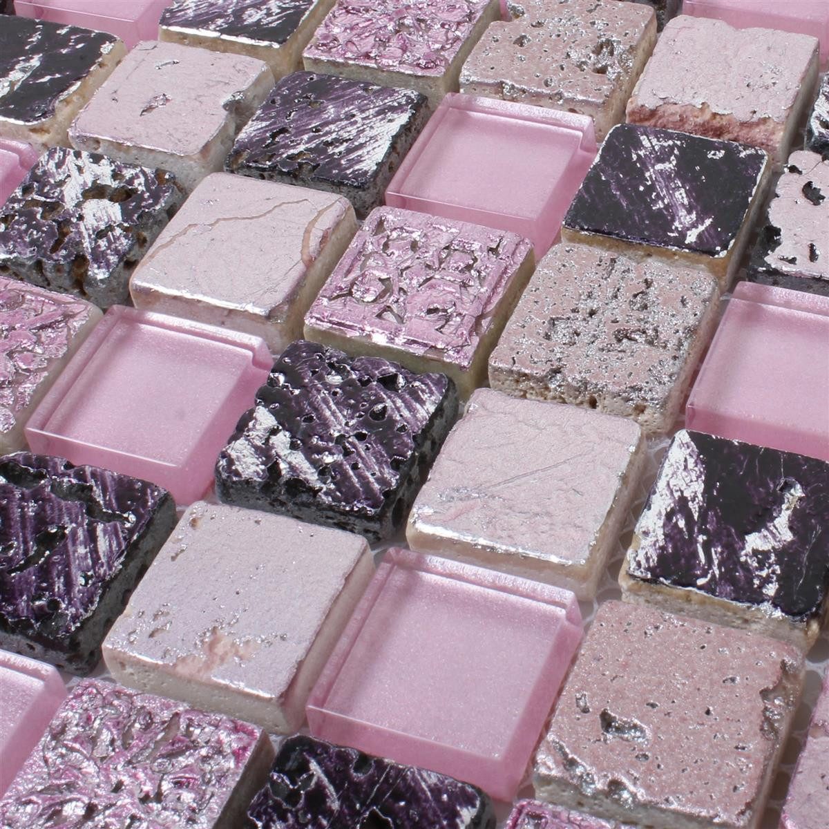 Mosafil Mosaikfliesen Glas Naturstein Mosaikfliesen Colicos, Naturstein-Resin-Glas 30.000x32.500, schwarz-rosa-pink, Verlegefertig auf ein Netz geklebt