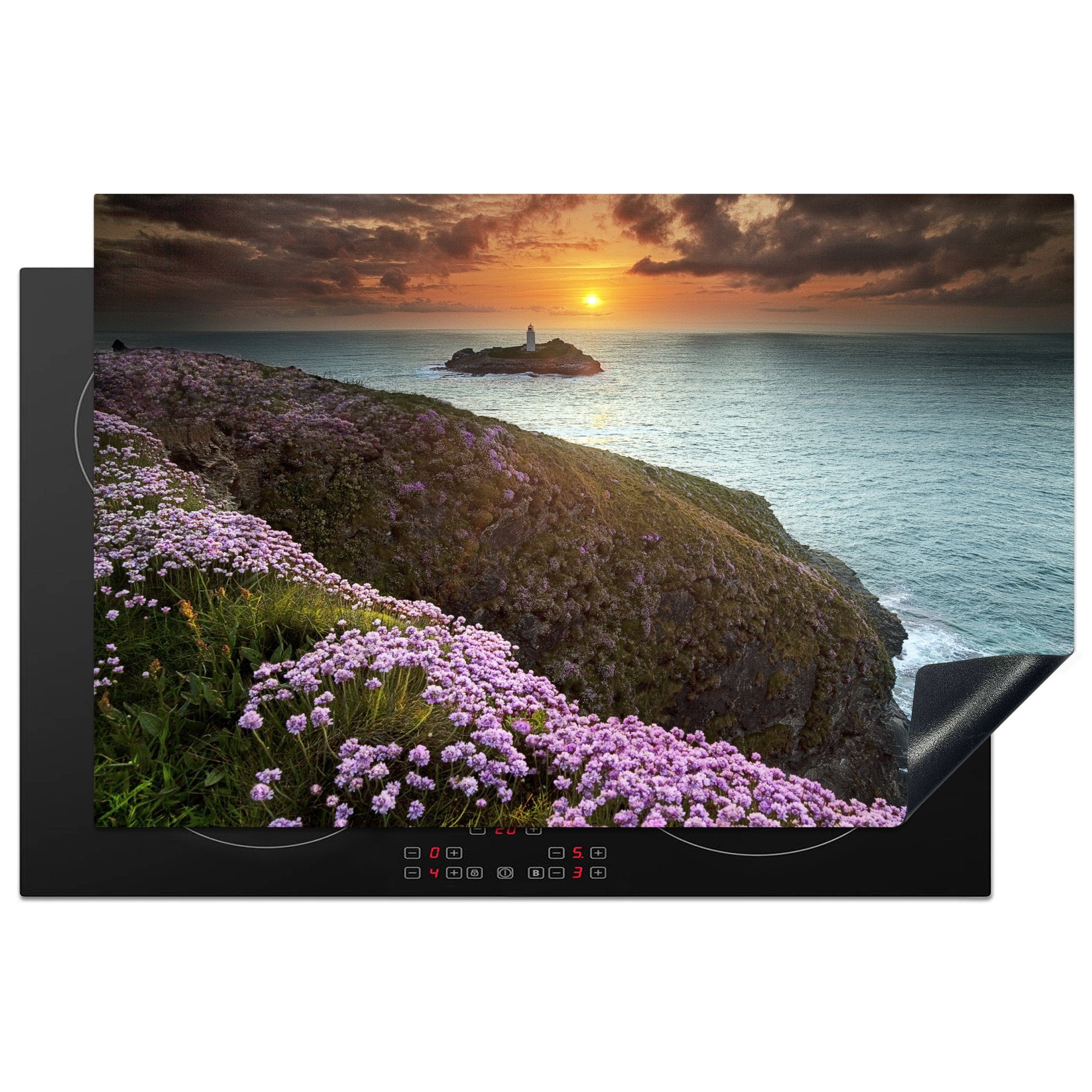 MuchoWow Herdblende-/Abdeckplatte Wildblumen bei Sonnenuntergang an der Küste Cornwalls, Vinyl, (1 tlg), 81x52 cm, Induktionskochfeld Schutz für die küche, Ceranfeldabdeckung