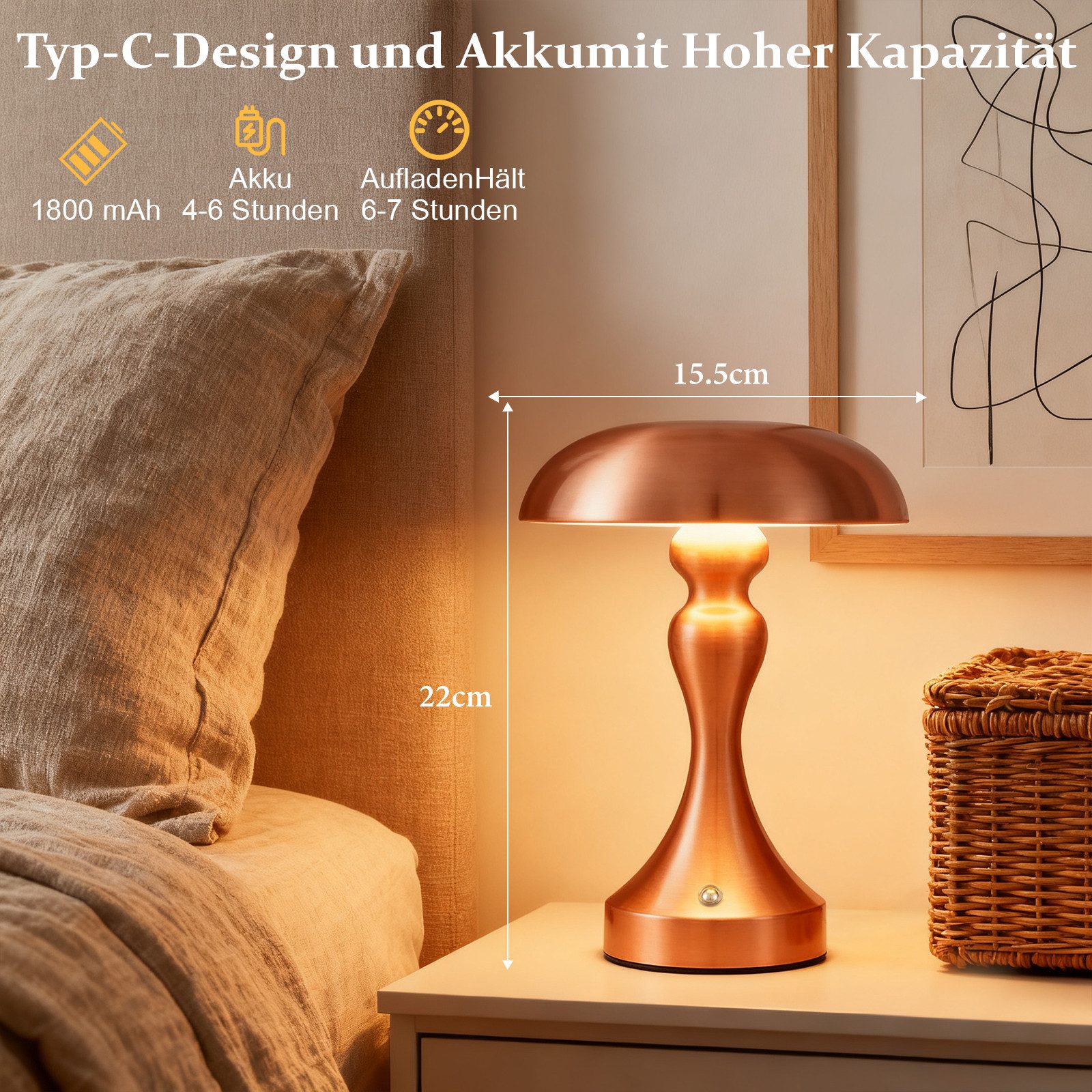 Nettlife LED Nachttischlampe Touch Dimmbar Kabellos Akku Tischleuchte Vintage mit USB Aufladbar, Dimmbar, LED fest integriert, Batterie Tischlampe für Fensterbank Wohnzimmer Schlafzimmer