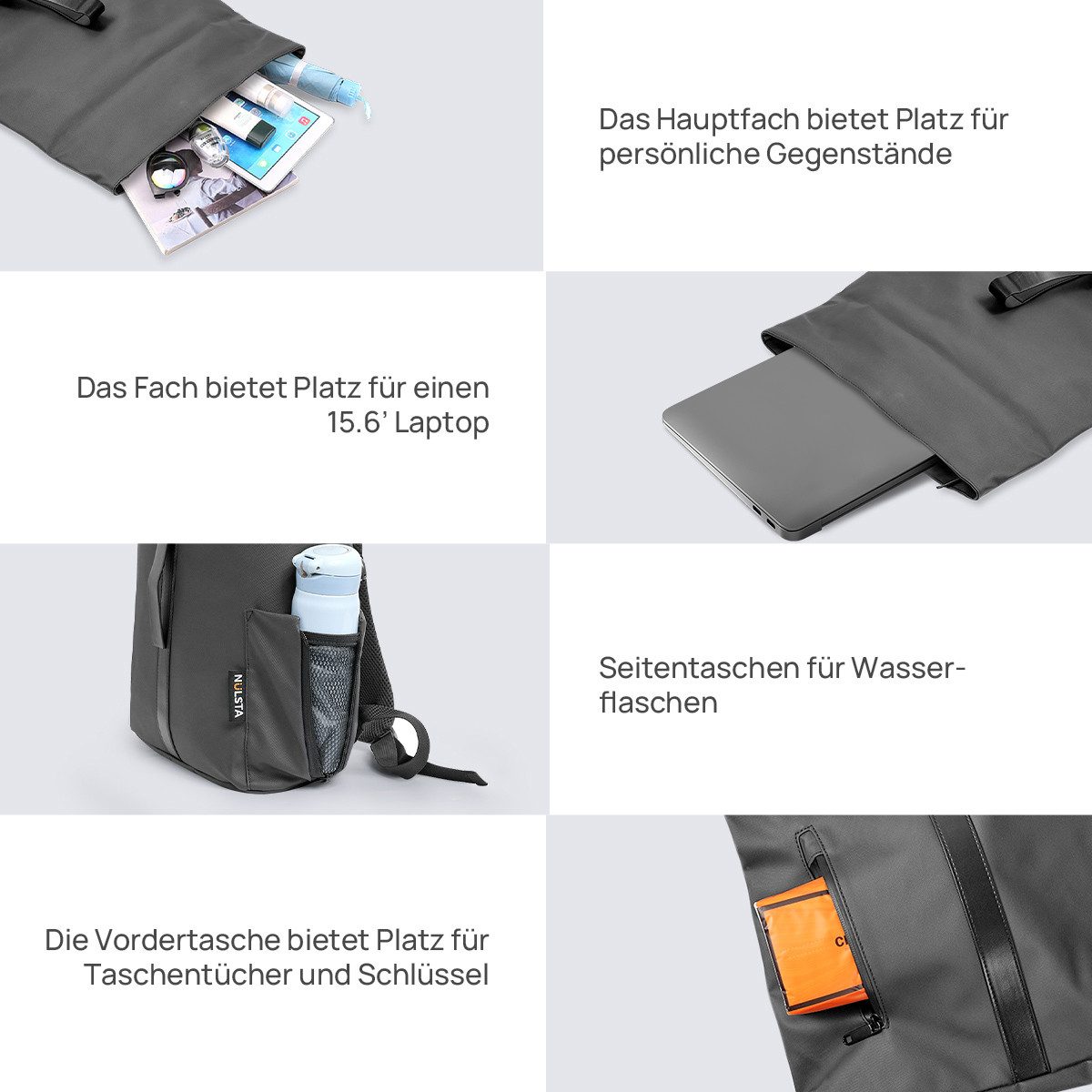 NULSTA Rucksack Rolltop Rucksack Wasserdicht Damen & Herren Daypack Freizeitrucksack, 30*15*40cm,Cityrucksack,Tourenrucksack,Schulrucksack,Laptoprucksack – Bild 4 von 5