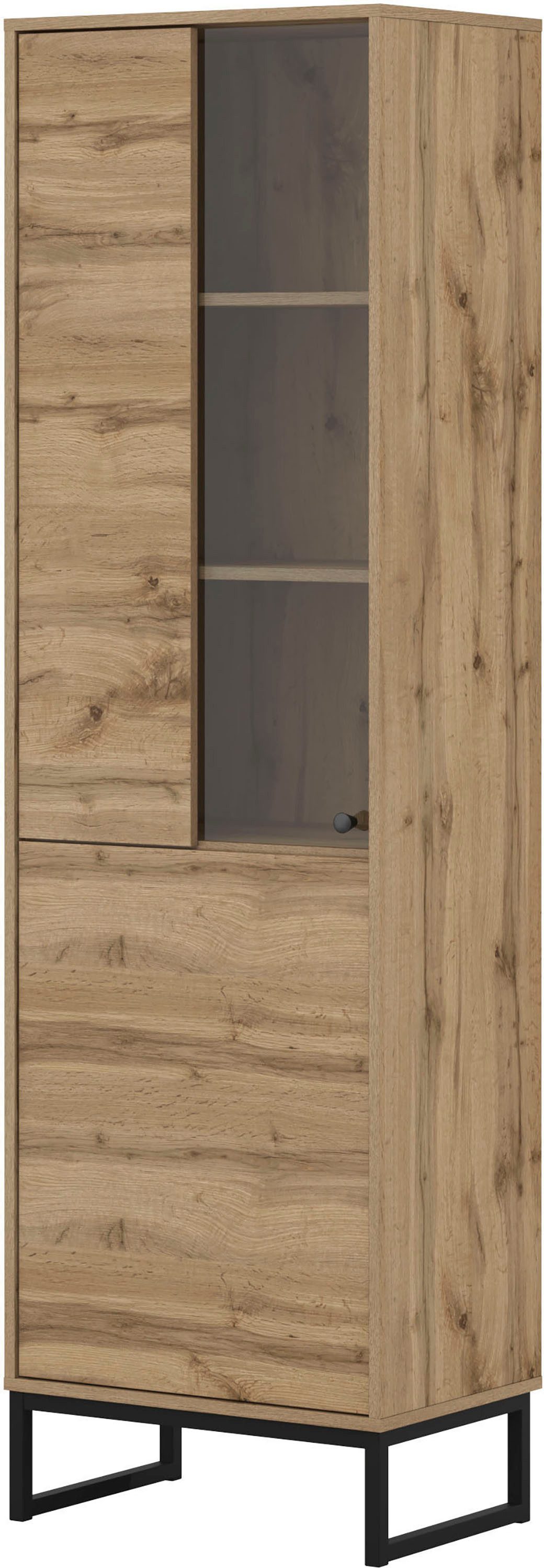 OTTO home Vitrine Loft, Höhe 180 cm, moderne Standvitrine mit 2 Türen, Metallkufen Hochschrank mit viel Stauraum, Glastür und verstellbaren Einlegeböden
