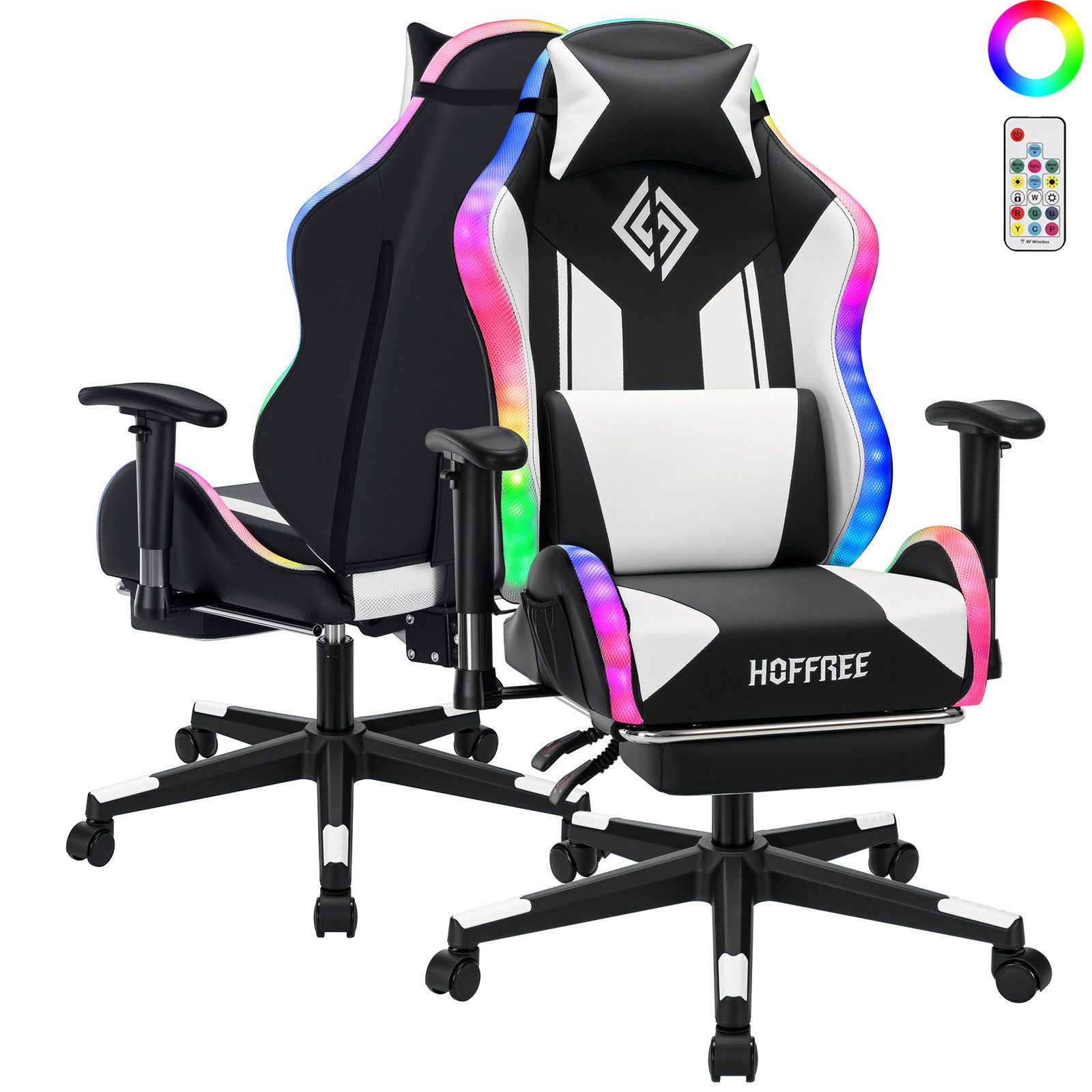 Hoffree Gaming-Stuhl Ergonomisch PC Gamer Stuhl, Schreibtischstuhl für Kinder Teenager (mit Fußstütze, Lendenstützkissen,Kopfstütze, 338 dynamische Lichteffekte), höhenverstellbar, bis 159kg