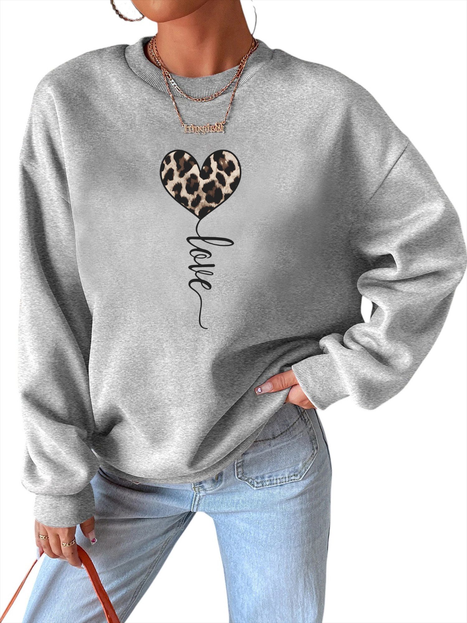 PYLIKE Rundhalspullover Damen Fleecepullove mit Leopardenmuster Print für Herbst Winter Bequem für Herbst & Winter