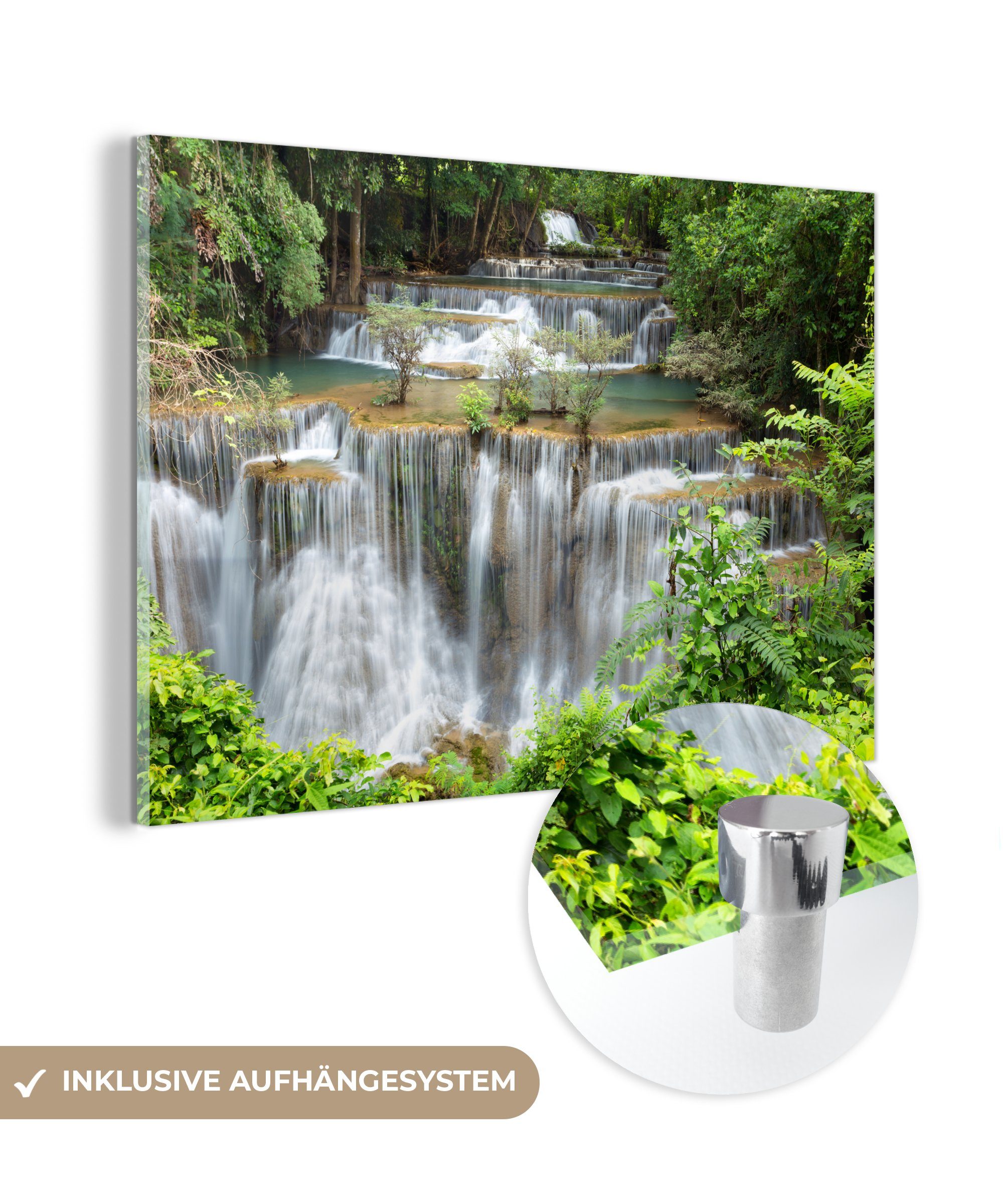 Wohnzimmer MuchoWow Wald, (1 & St), Schlafzimmer Thailand Wasserfälle - Acrylglasbild Acrylglasbilder -