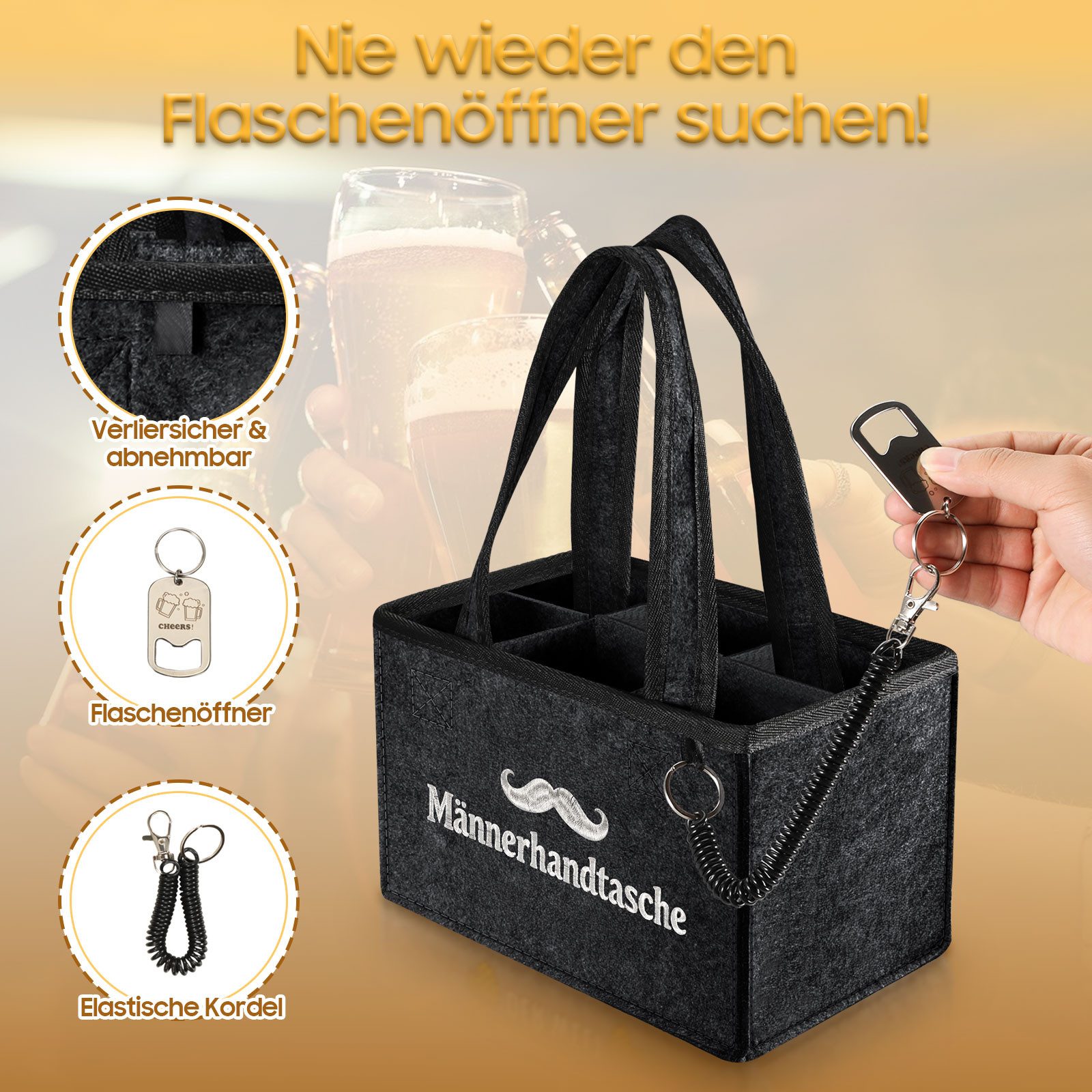 Fintie Flaschenkorb Flaschentasche mit 6 Fächern und Flaschenöffner für 0,33L/0,5L Flasche, Männerhandtasche Bier Filz Lustig Geschenk für Papa, Männer Geburtstag