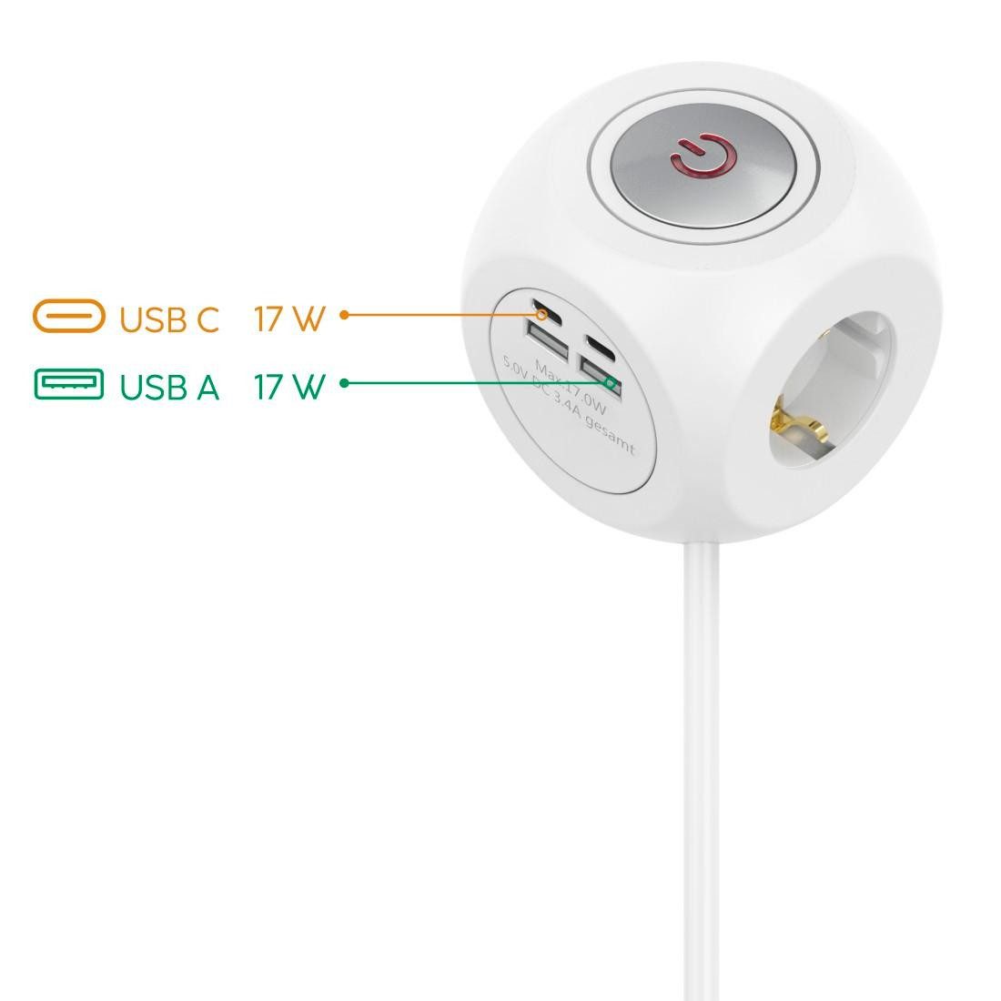 Hama Steckdosenwürfel 7 fach mit Schalter, Schutzkontaktsteckdosen USB weiß Steckdosenleiste 7-fach (Ein- / Ausschalter, USB-Anschlüsse, Schutzkontaktkupplung, Überspannungsschutz, Kabellänge 1,4 m), mit USB C und USB A Steckern, Mehrfachsteckdose, Tisch, 17 W, 1,4 m
