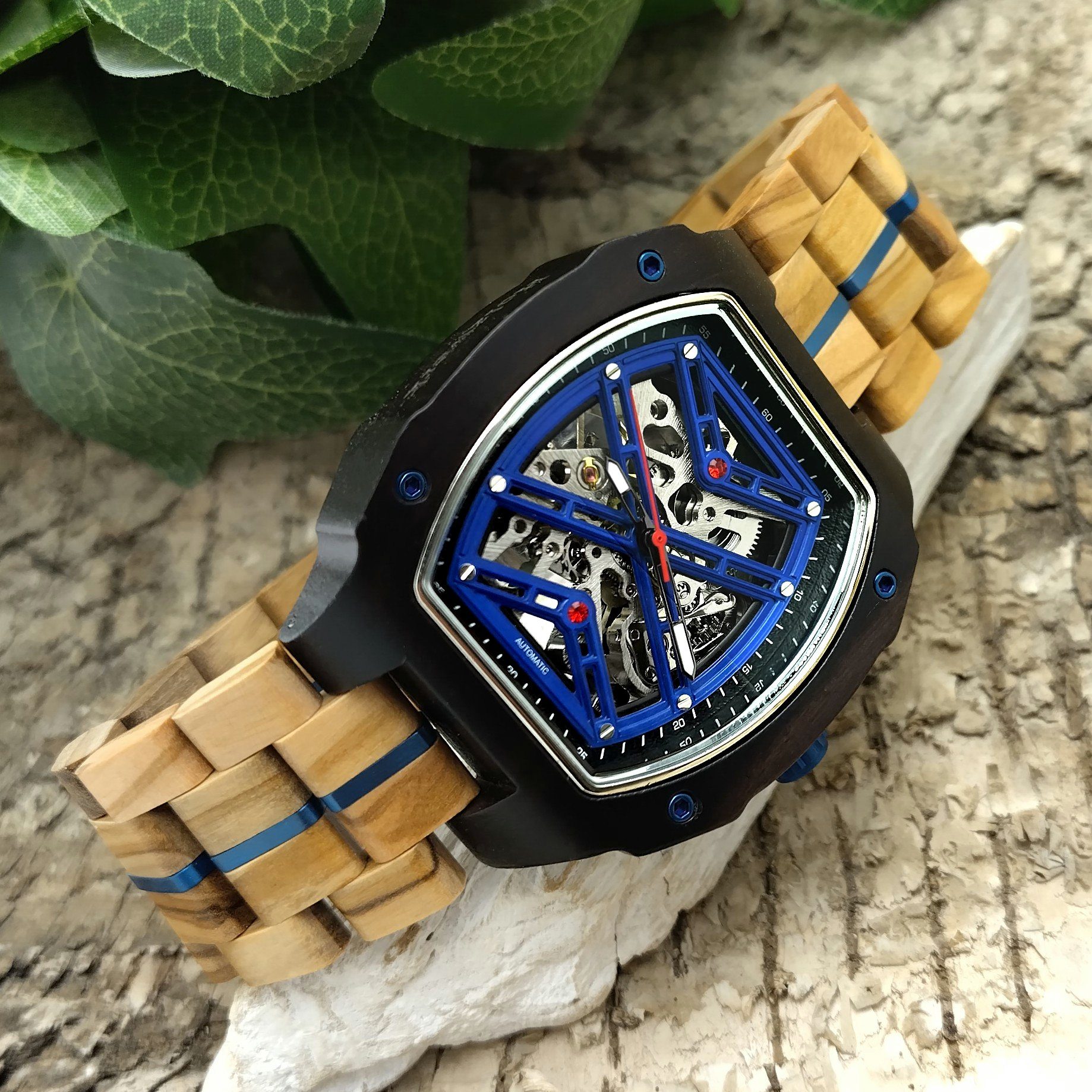 Automatikuhr Holz Holzwerk & in Uhr schwarz Herren Tonneau beige, Armband CASTROP blau
