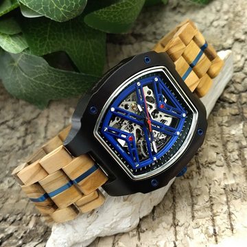 Holzwerk Automatikuhr CASTROP Tonneau Herren Holz Armband Uhr in beige, blau & schwarz