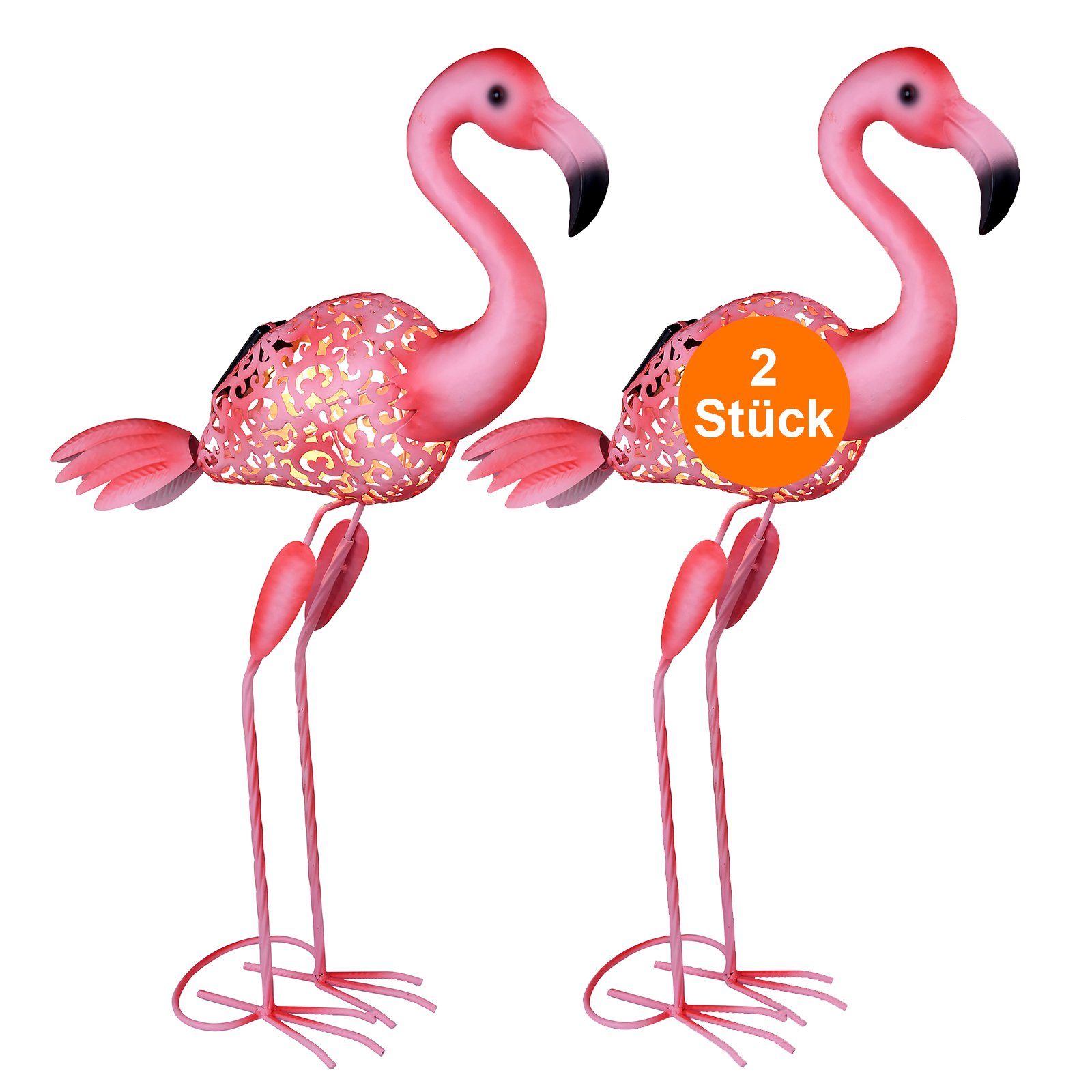 bmf-versand LED Solarleuchte Solarleuchten Garten 2er Set Flamingo Metall Solarlampe Außen, Gartenleuchte, mit Schalter, Außenlampe, LED fest integriert, Warmweiß, Gartendekoration