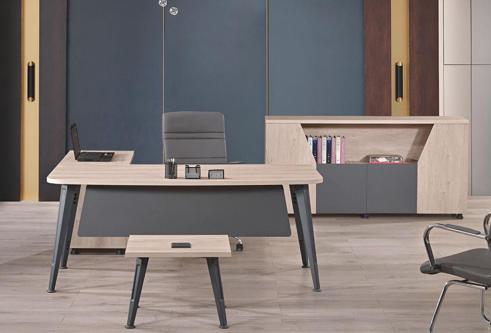 + Tisch ohne Beige/Grau 1x Komplettbüro JVmoebel Weiß Arbeitstisch Europa Sessel), Set Couchtisch 1x 1x Schrank + in 3tlg Made Bürotisch Holz Arbeitszimmermöbel Eckbürotisch (3-St.,