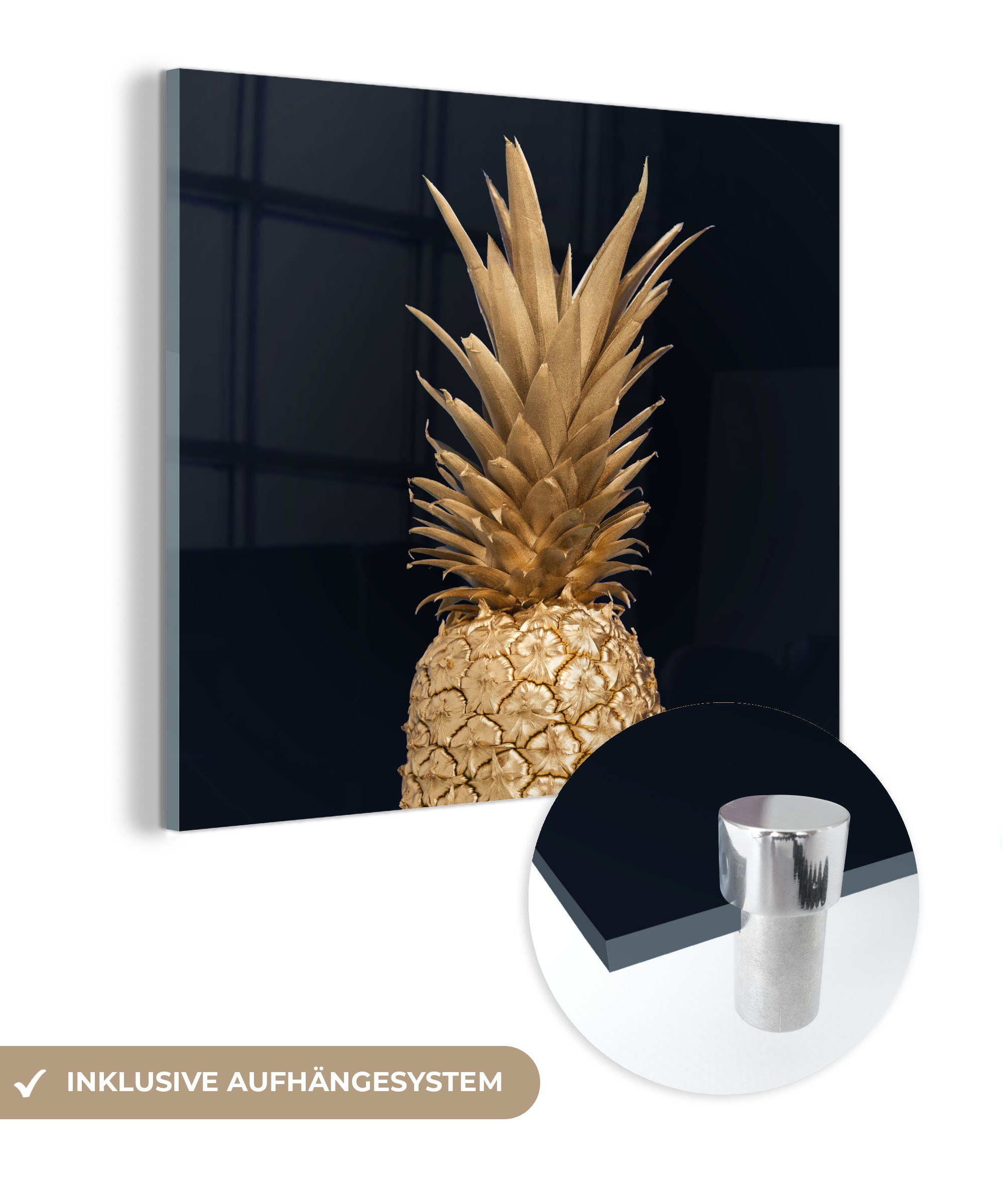 MuchoWow Acrylglasbild Ananas - Gold - Farbe - Schwarz - Obst - Luxus, (1 St), Glasbilder - Bilder auf Glas Wandbild - Foto auf Glas - Wanddekoration bunt