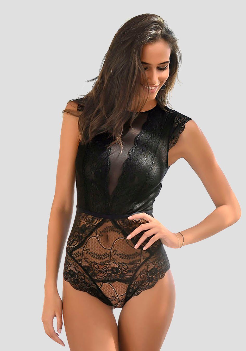 LASCANA Body aus transparenter Spitze und Netzeinsätzen, sexy Dessous schwarz