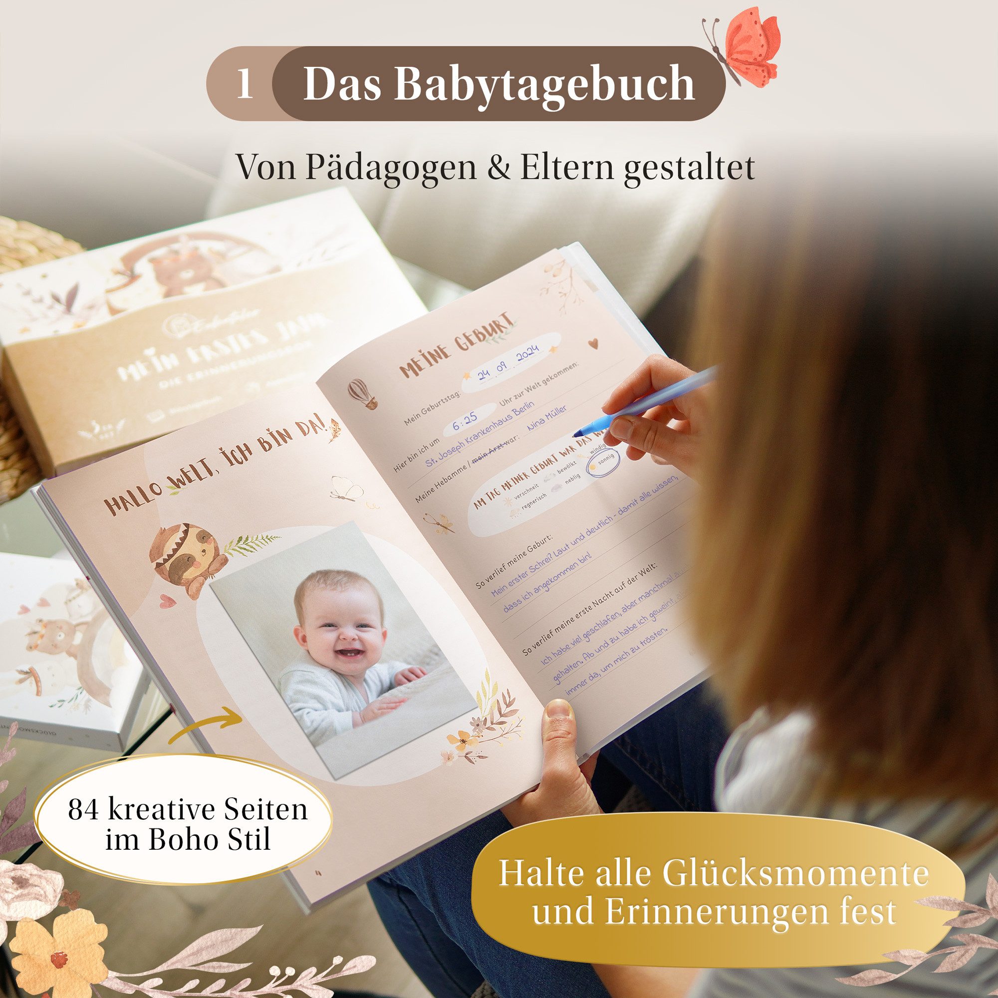 Eulentaler Tagebuch I Die Erinnerungsbox I Mein erstes Jahr I Von Pädagogen gestaltet, Babytagebuch, 48 Meilensteinkarten & Baby Abdruckset