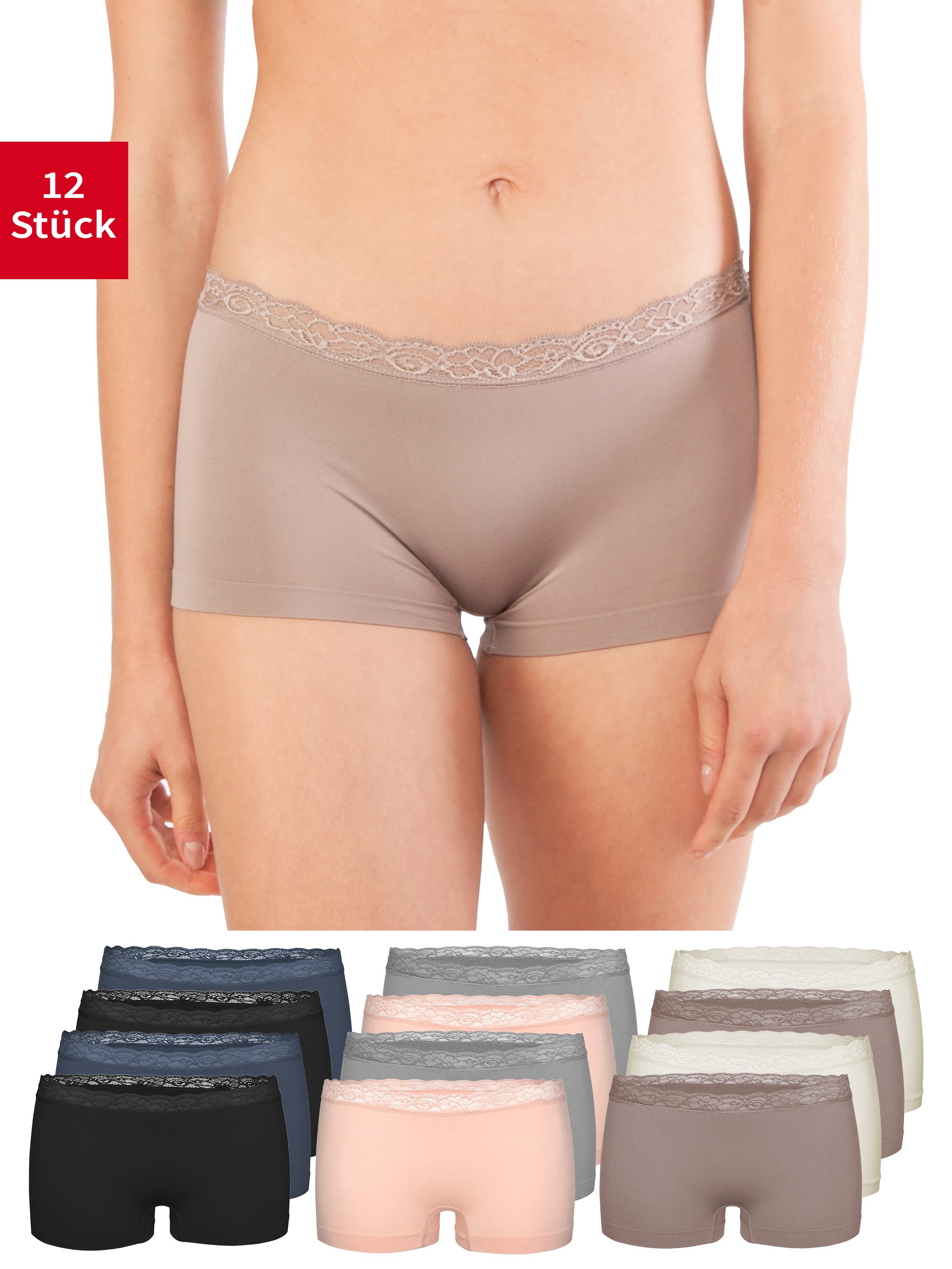 Fabio Farini Boxershorts Damen Unterhosen - Microfaser Frauen Boxer Slip (Packung, 12-St) mit dezenter Spitze am Bund
