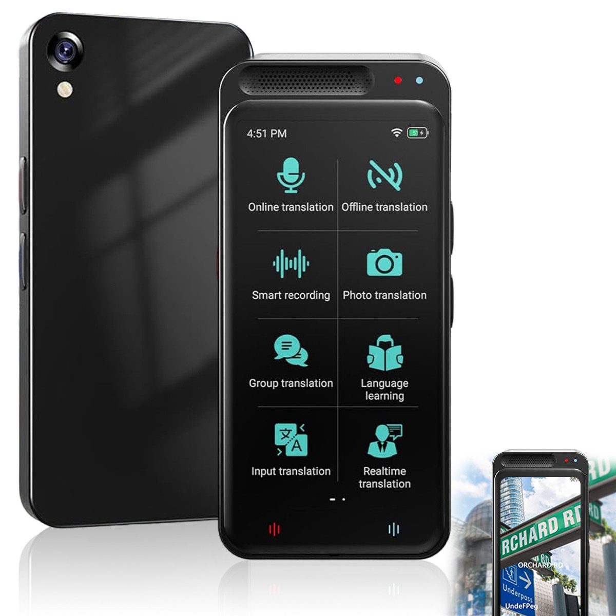 MOPUEA Sprachcomputer Tragbares intelligentes Sprachübersetzungsgerät schwarz, 138 Sprachen, mit Echtzeit-, Offline- und Fotoübersetzungen