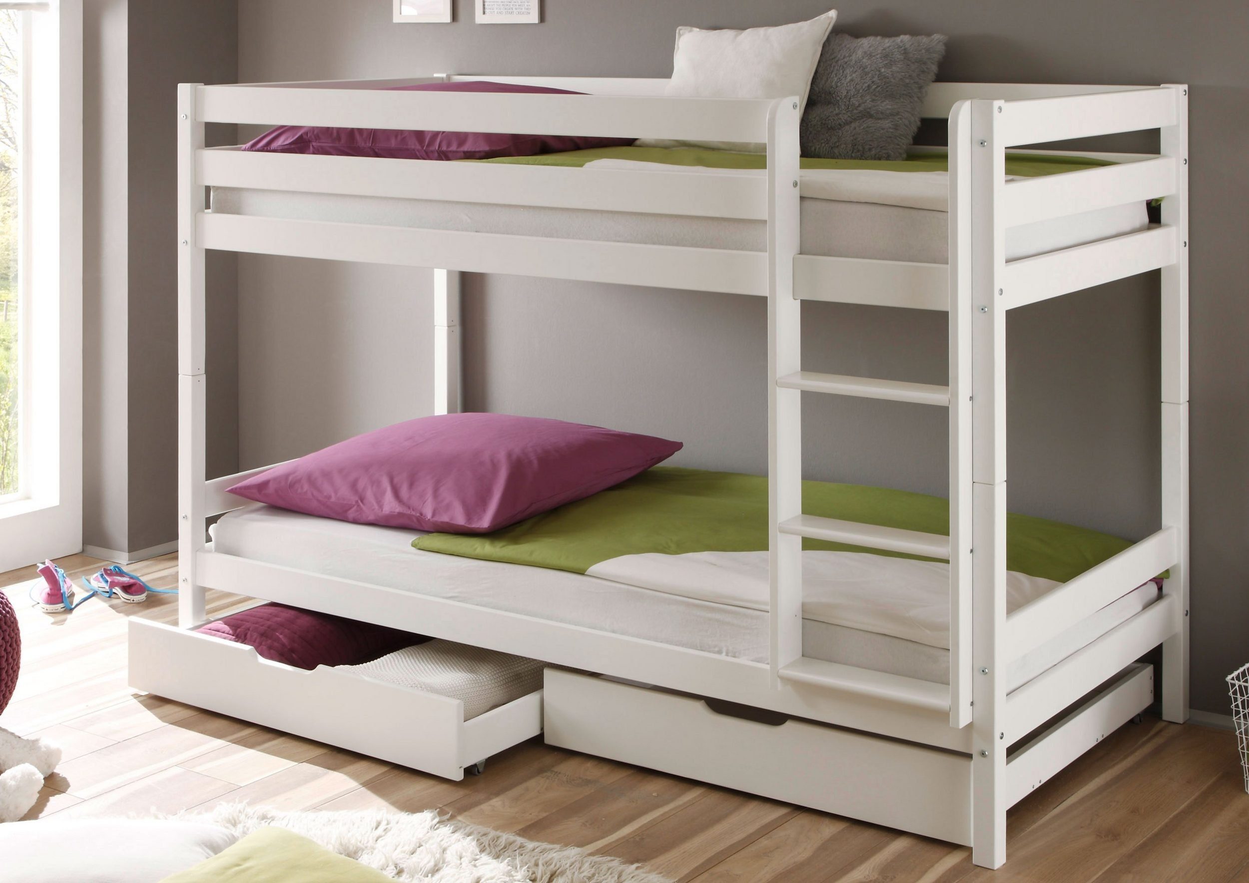 und Mit Lattenroste Holz Weiss Teilbar Kinderbett roll, lattenroste (Spar 5-St., Homeline Hochbett Etagenbett Massic Schublade), zweimal Etagenbett Angebot, Schublade set