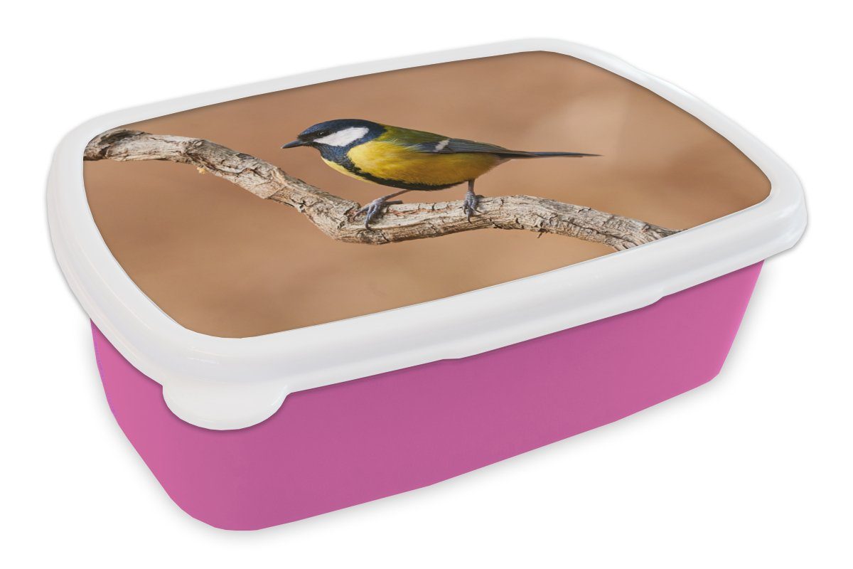 MuchoWow Lunchbox Vogel - Kohlmeise - Zweige, Kunststoff, (2-tlg), Brotbox für Erwachsene, Brotdose Kinder, Snackbox, Mädchen, Kunststoff rosa